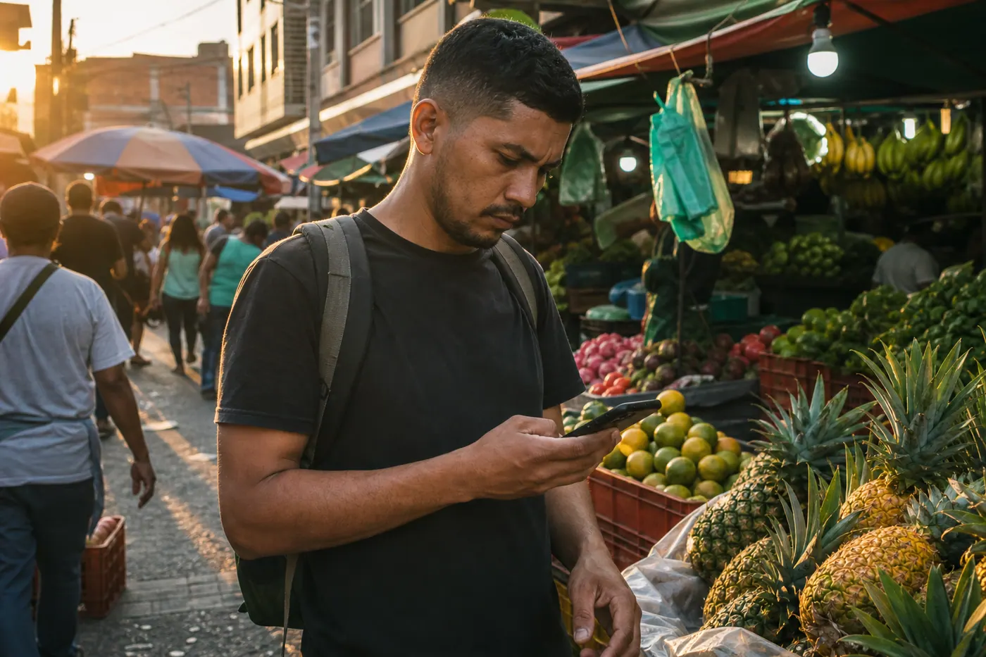 Persona colombiana revisando su teléfono en un mercado de Medellín antes de hacer una compra