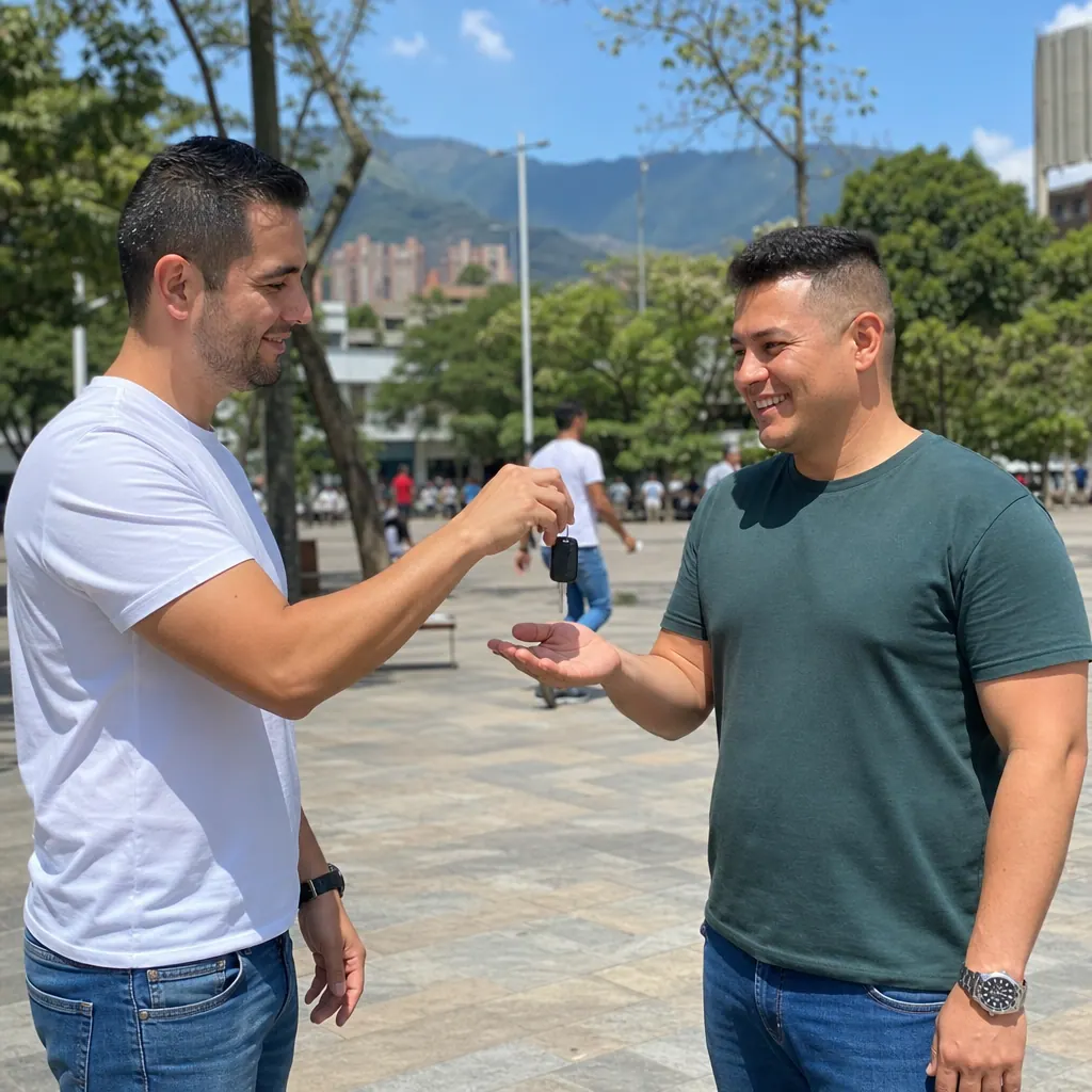 Dos colombianos completando una transacción segura de compraventa en una plaza pública de Medellín