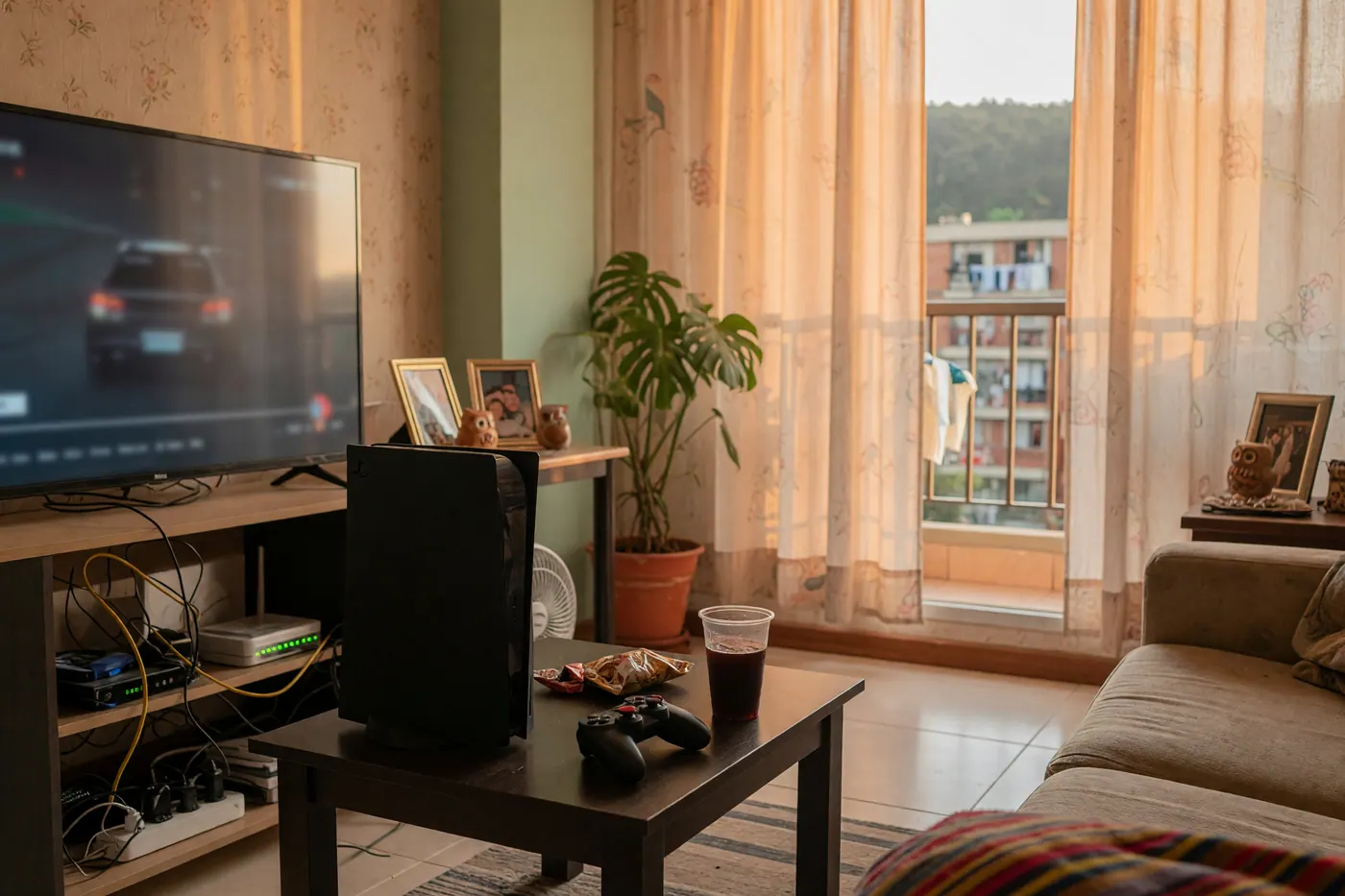Sala de estar colombiana con consola de videojuegos cerca de un televisor, control sobre mesa, router y cable Ethernet visibles, planta y cortinas de balcón con luz cálida de tarde