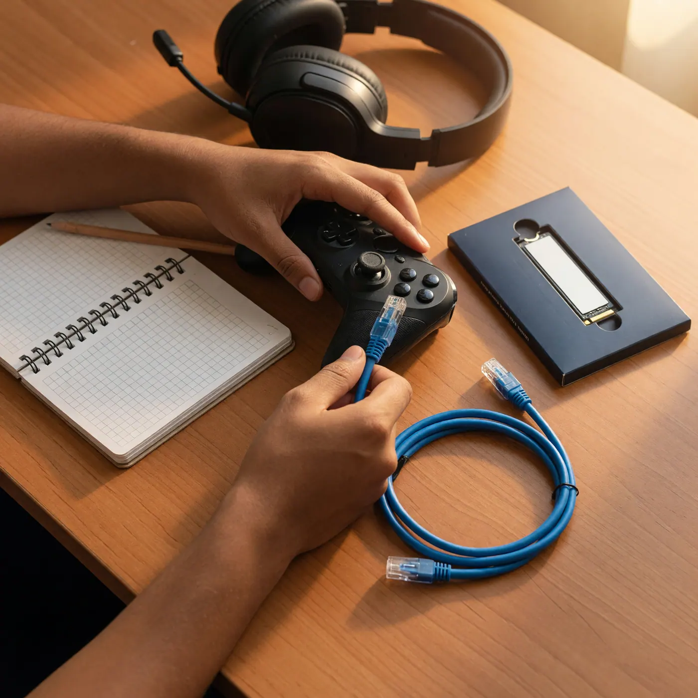 Manos organizando control de videojuegos, cable Ethernet, caja de SSD M.2 y diadema gamer sobre un escritorio junto a un cuaderno con lista de verificación