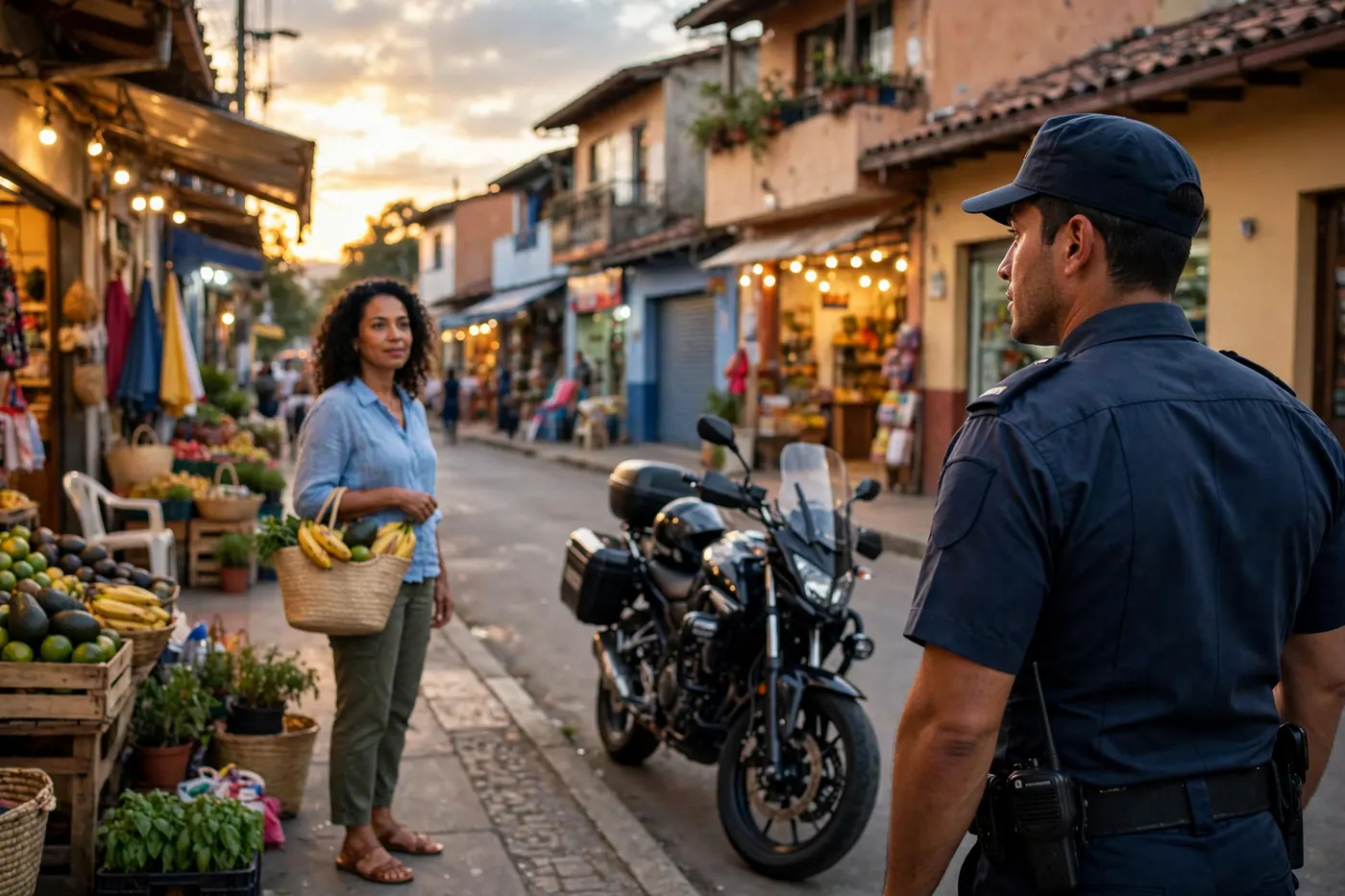 Police motorcycle parked at the curb of a commercial sidewalk at dusk, with an officer seen from behind near a pedestrian
