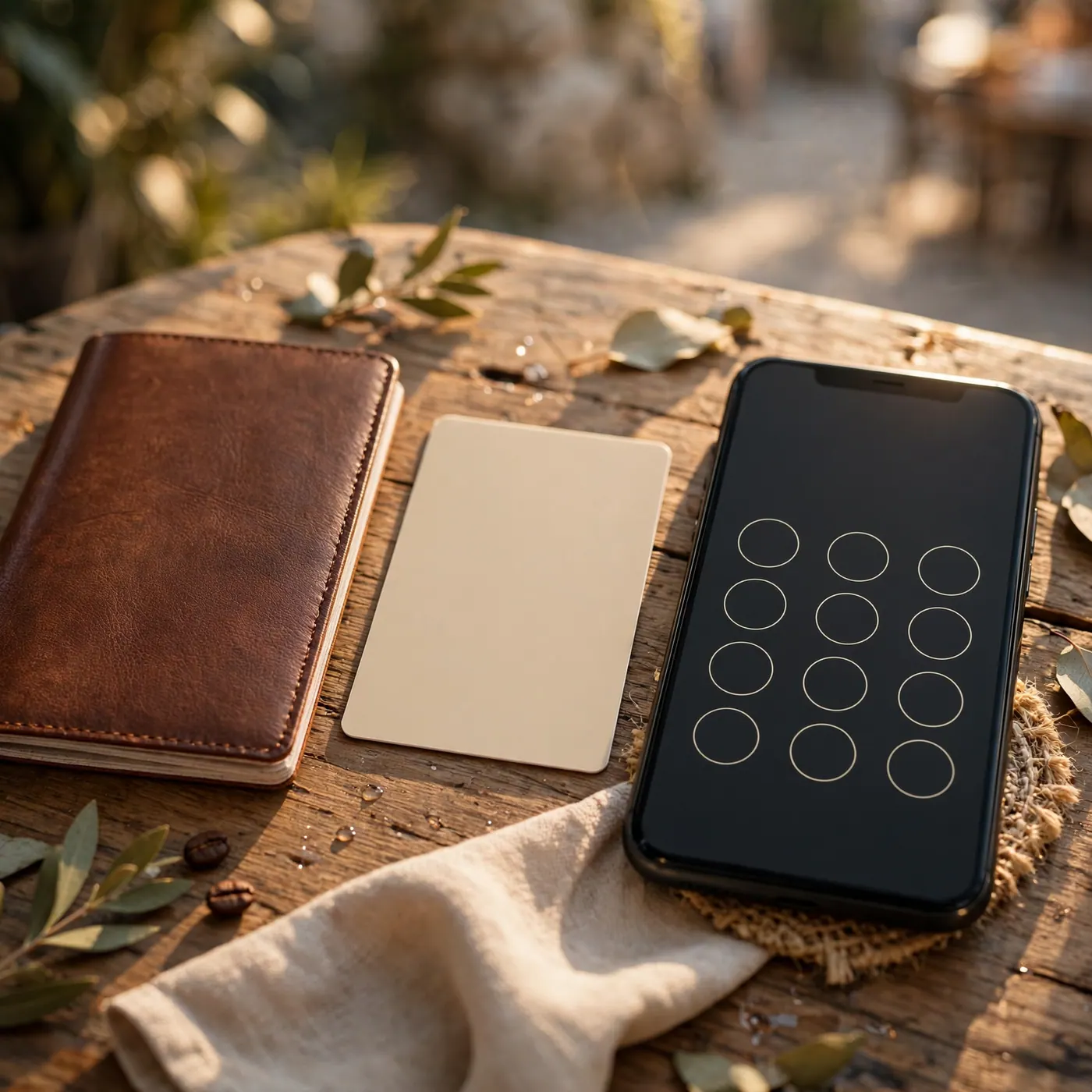 Closed passport, face-down ID card and a phone showing only a keypad on a small café table