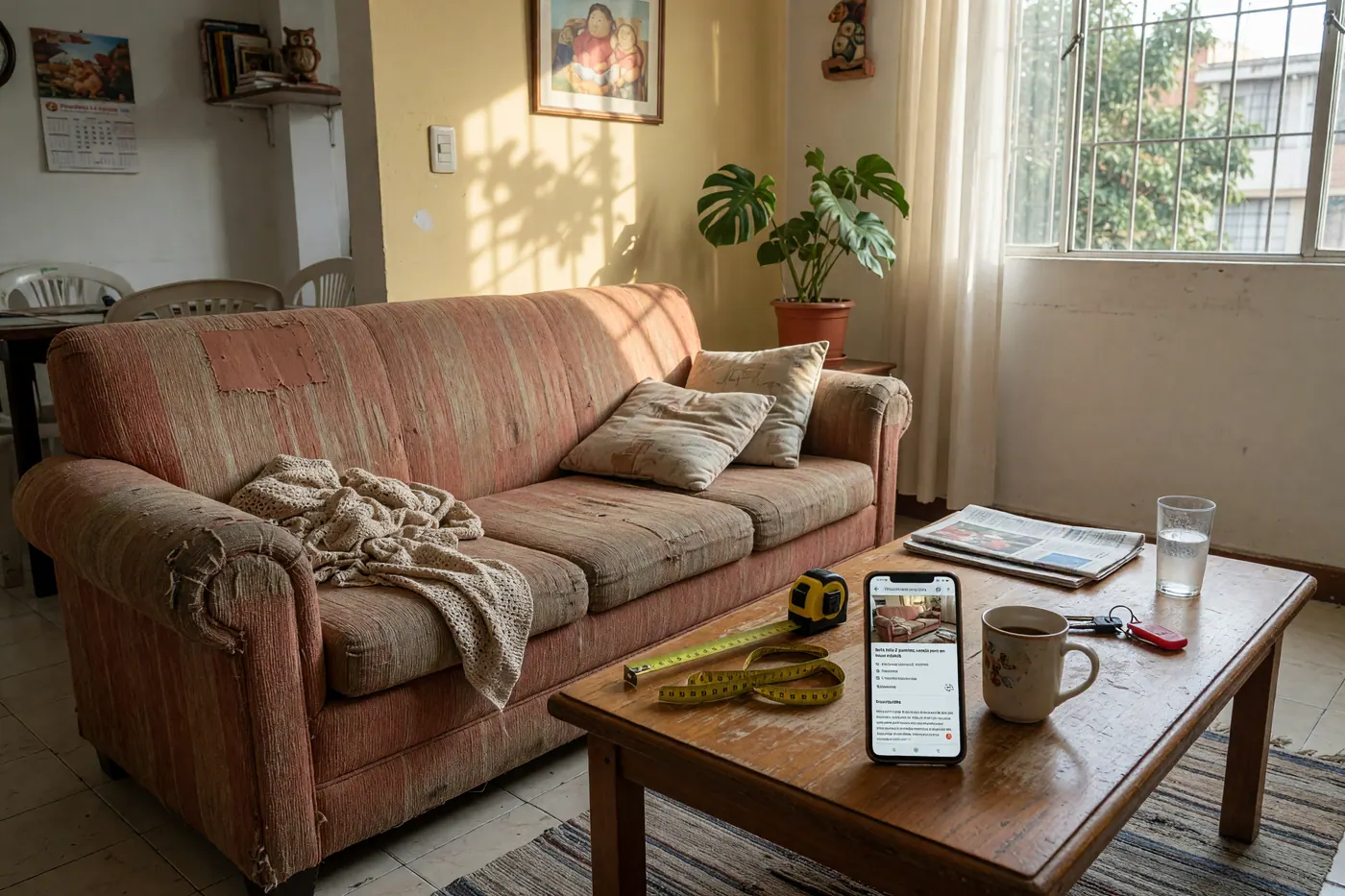 Sofá y mesa usados en la sala de un apartamento en Colombia, con una cinta métrica y un celular mostrando un anuncio