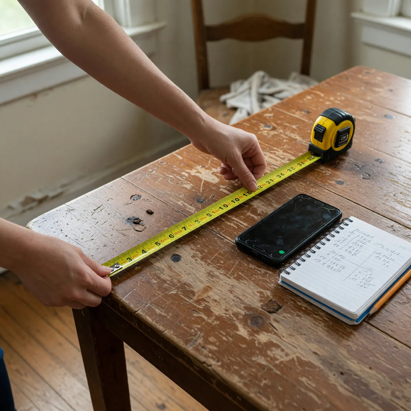 Persona midiendo con una cinta métrica el ancho de una mesa de madera usada antes de publicarla en Colombia
