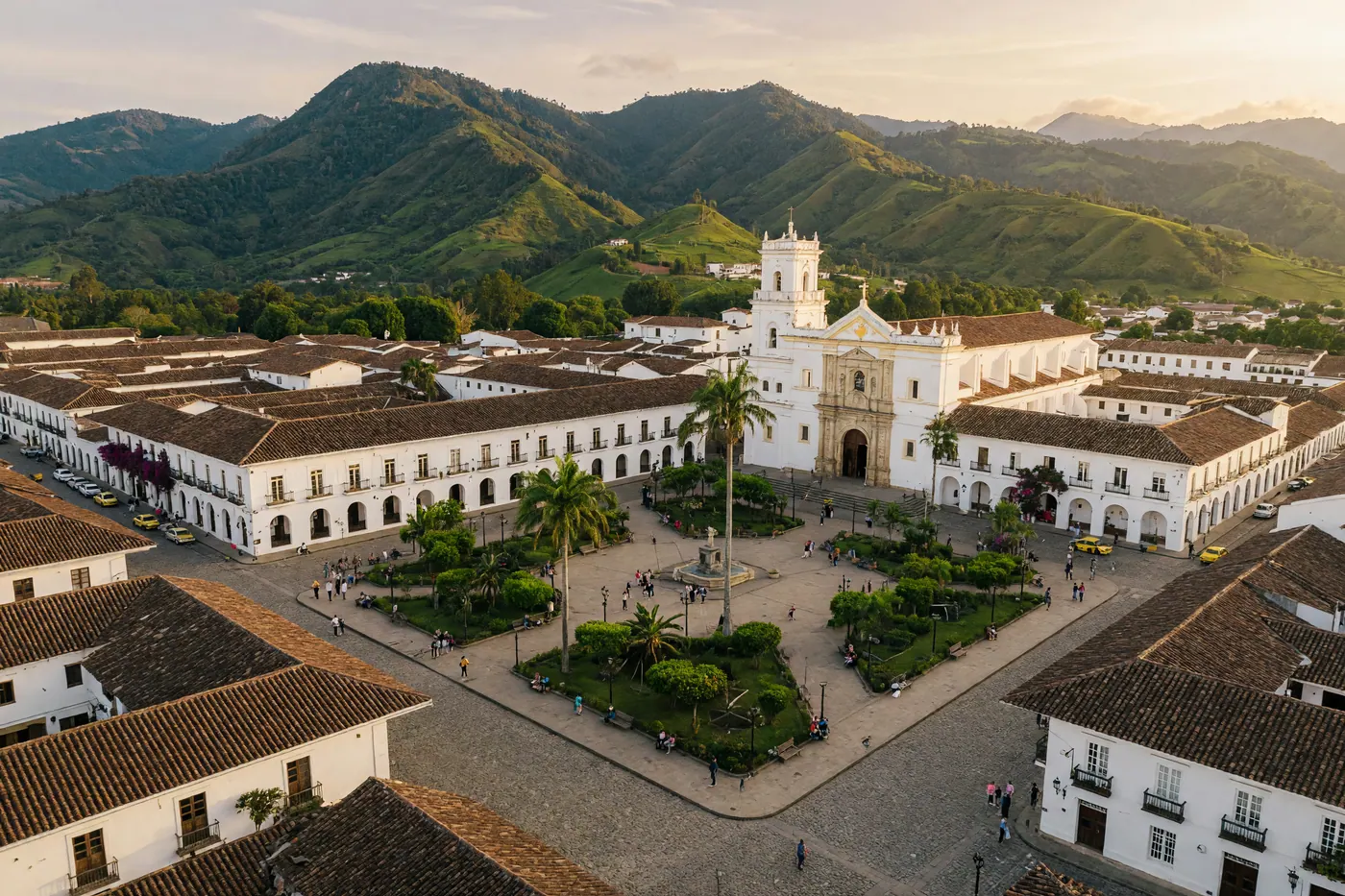 Aerial view of Popayán's white colonial city center in Colombia's Andes
