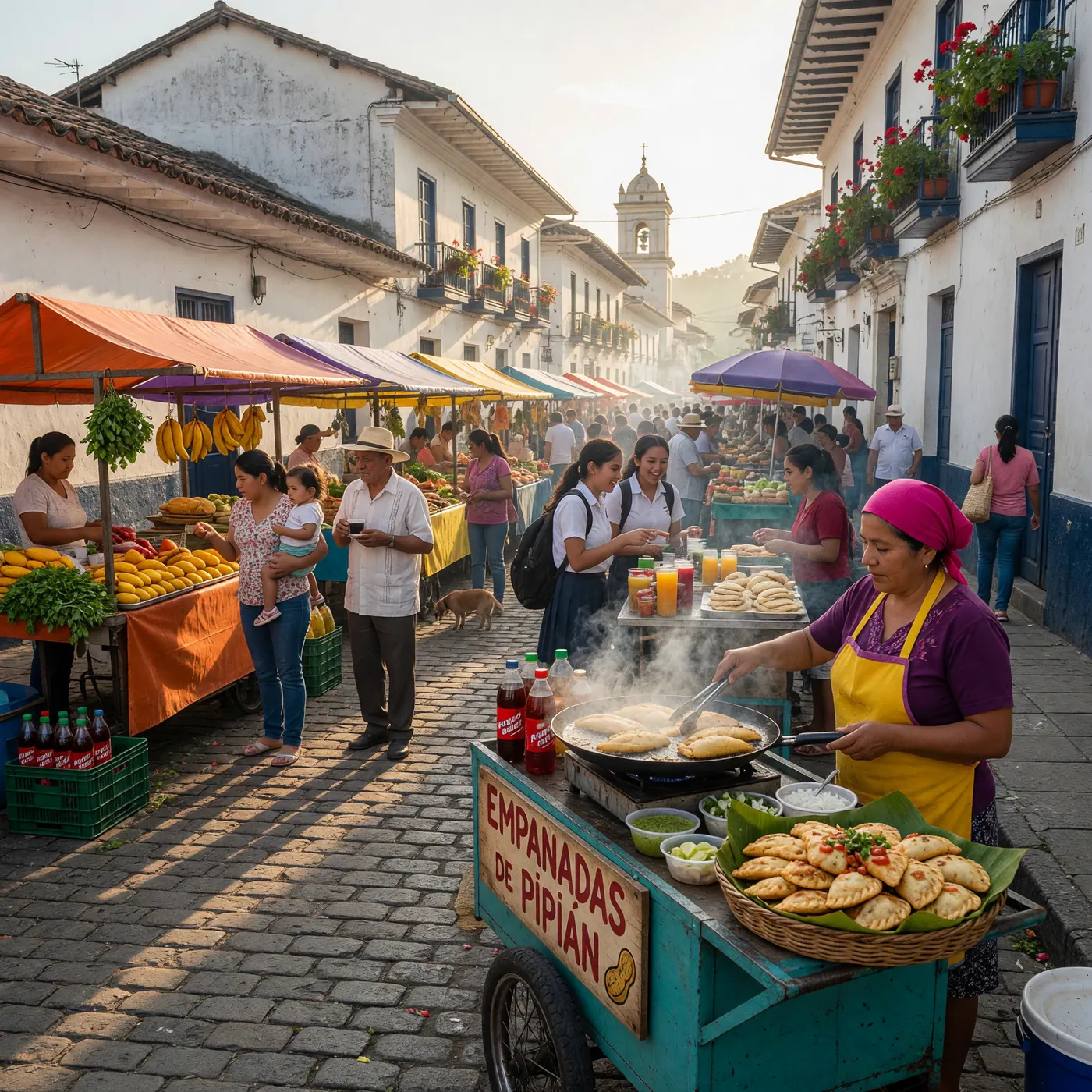 Traditional food stalls and street vendors in Popayán Colombia's historic colonial center