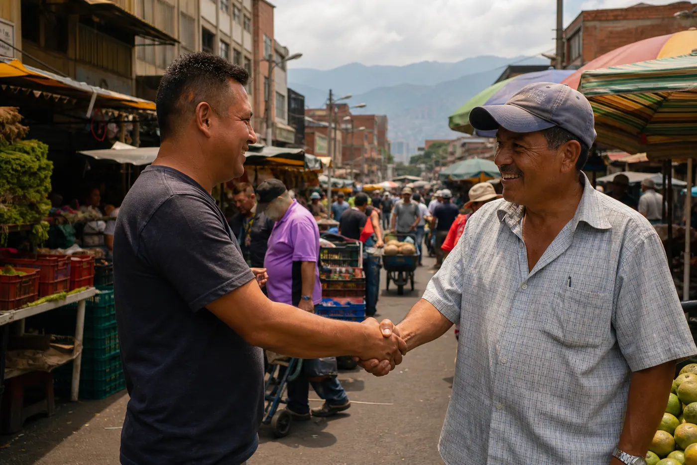 Dos colombianos cerrando un trato en un mercado de Medellín