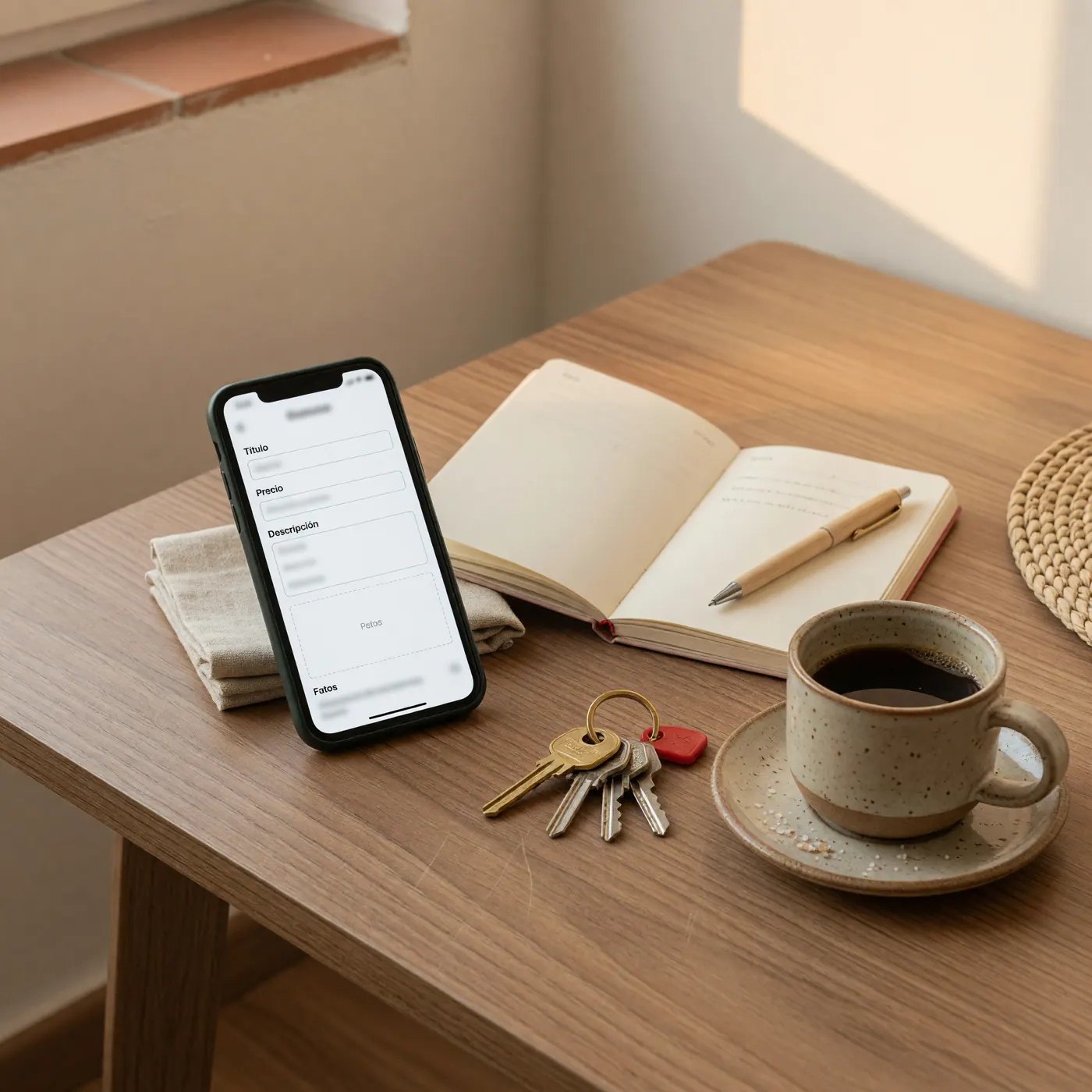 A smartphone propped on a wooden table showing a blank listing form, beside an open notebook with a pen, a set of keys and a cup of coffee in soft daylight