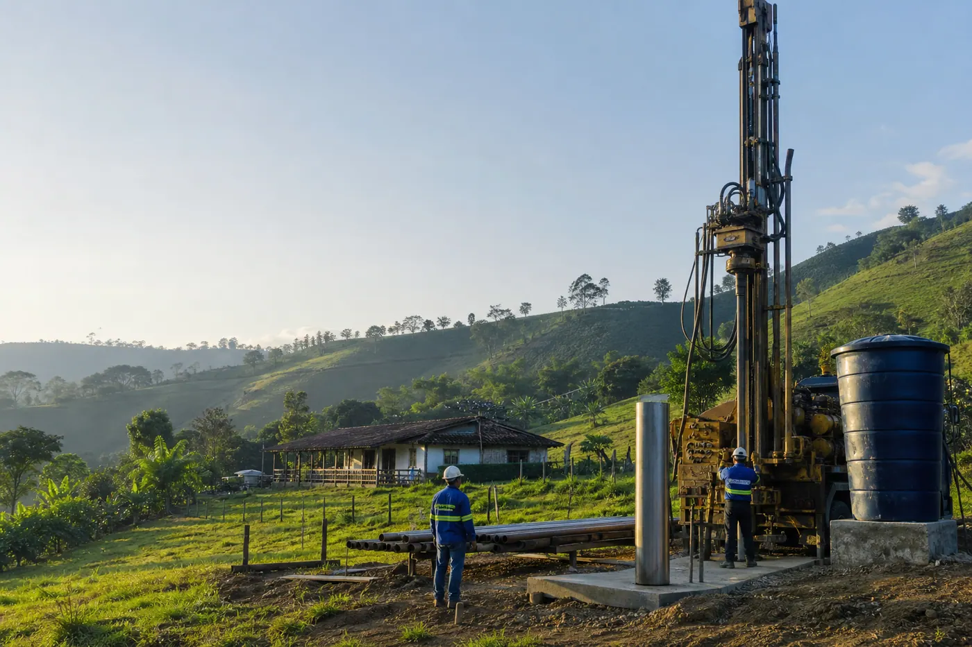 Equipo de perforación de pozo profundo trabajando en una finca de montaña en Colombia