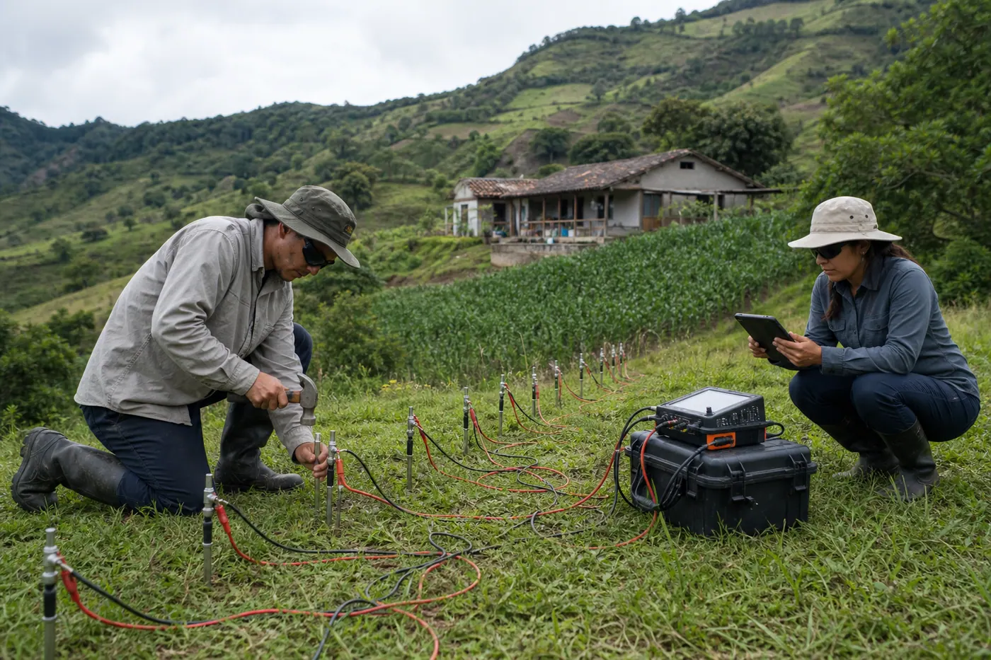 Técnicos realizan un estudio geoeléctrico con electrodos en una finca colombiana