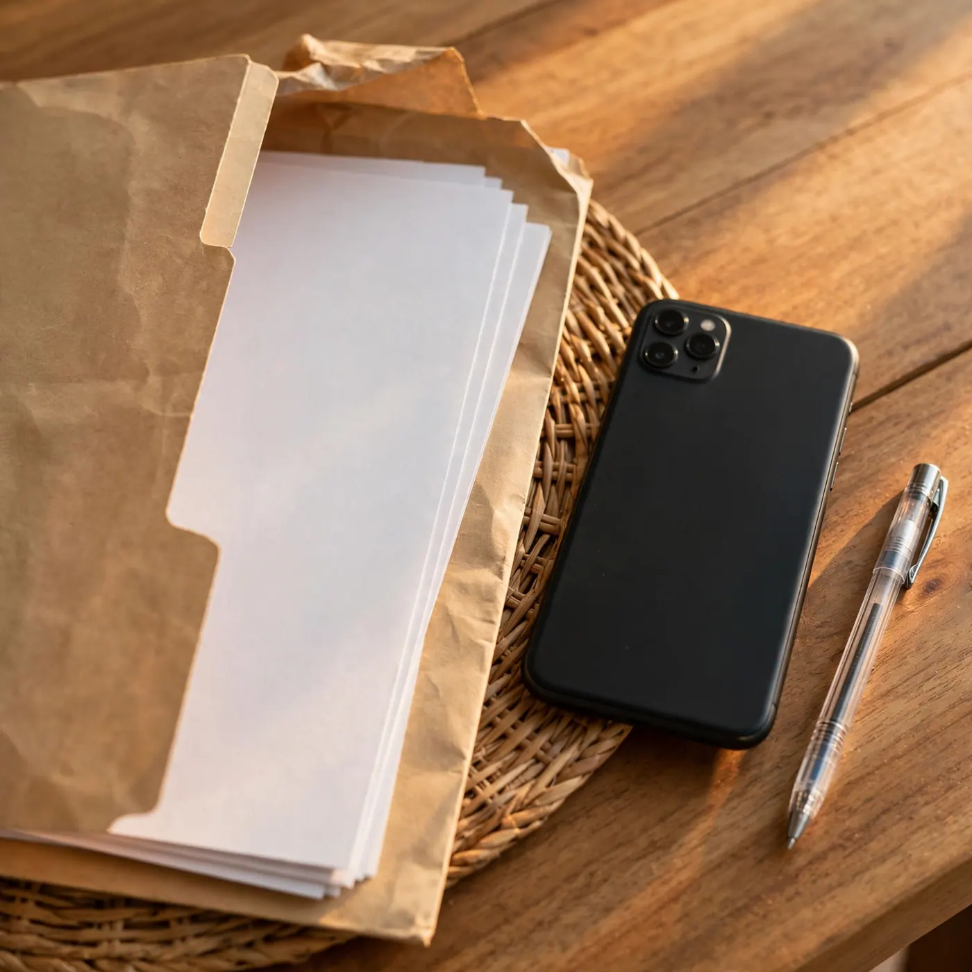 Carpeta entreabierta junto a un teléfono boca abajo y un bolígrafo sobre una mesa de madera