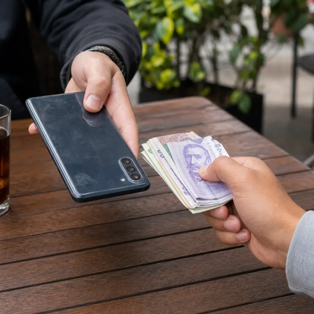 Two people completing a used phone sale transaction in Colombia, exchanging device and cash at an outdoor table