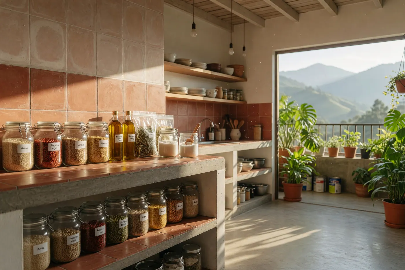 Organized Colombian apartment kitchen with bulk groceries in glass storage jars and green balcony plants