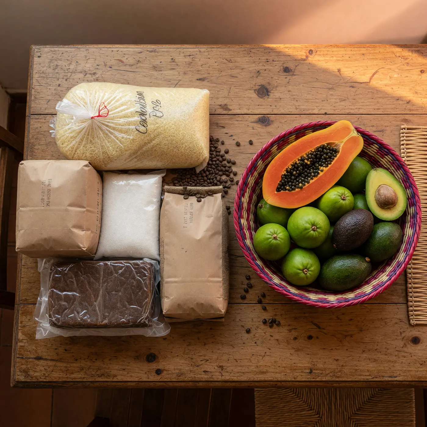 Bulk pantry packages beside papaya, lulo, and avocados in a woven basket on a wooden table