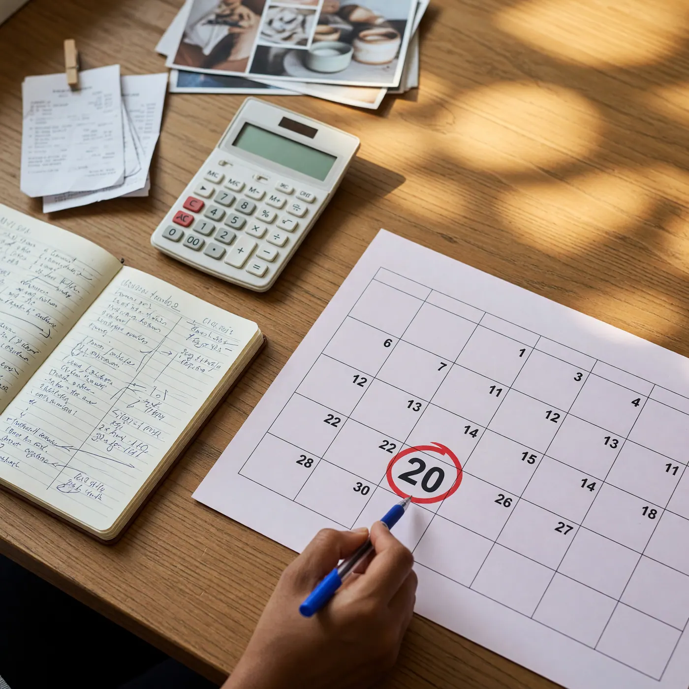 Calculadora, cuaderno y calendario con el día 20 marcado en rojo sobre un escritorio de madera.