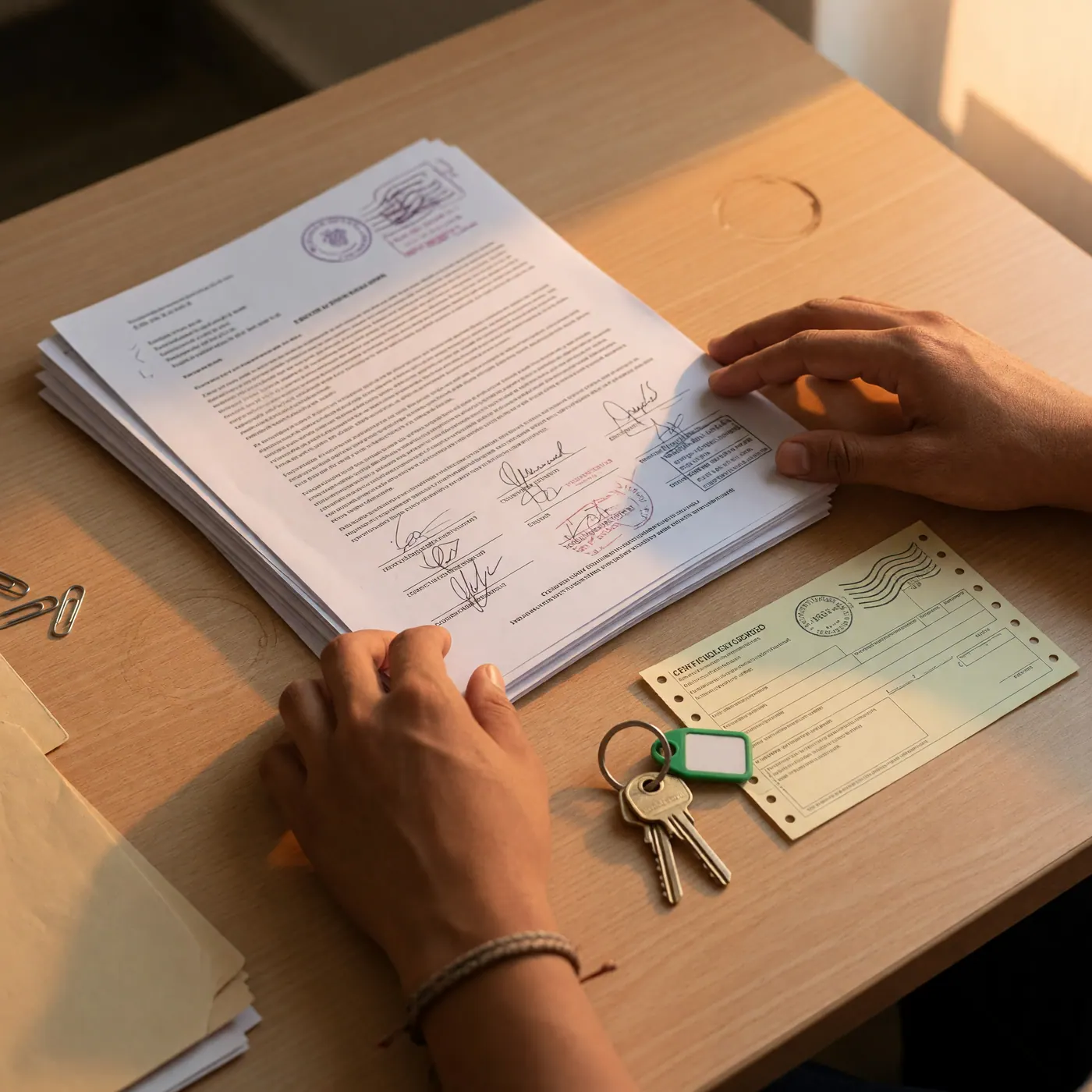 Contrato de arrendamiento, notificación certificada y llaves sobre un escritorio