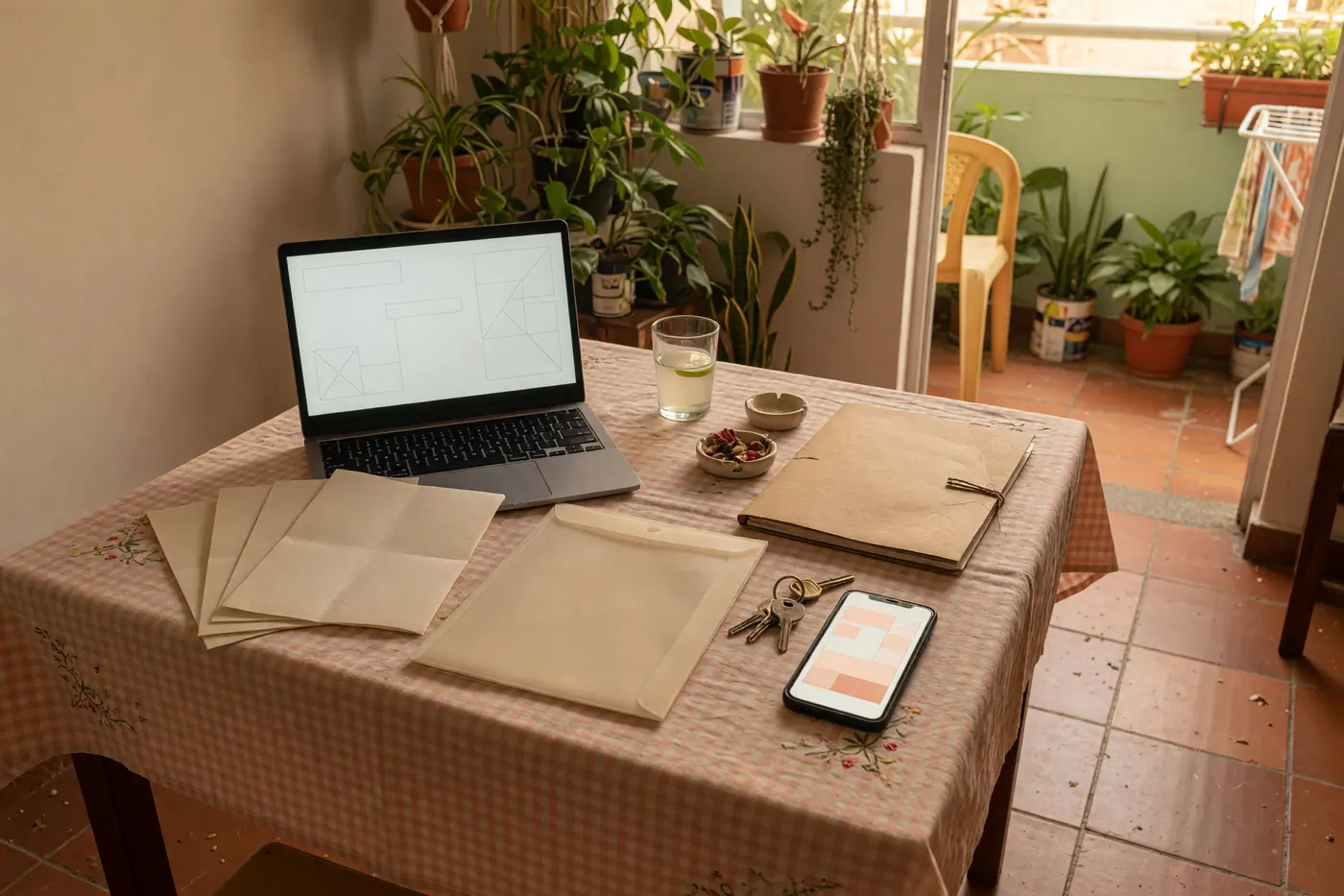 Blank documents, a laptop, phone, folder, and keys on an apartment dining table