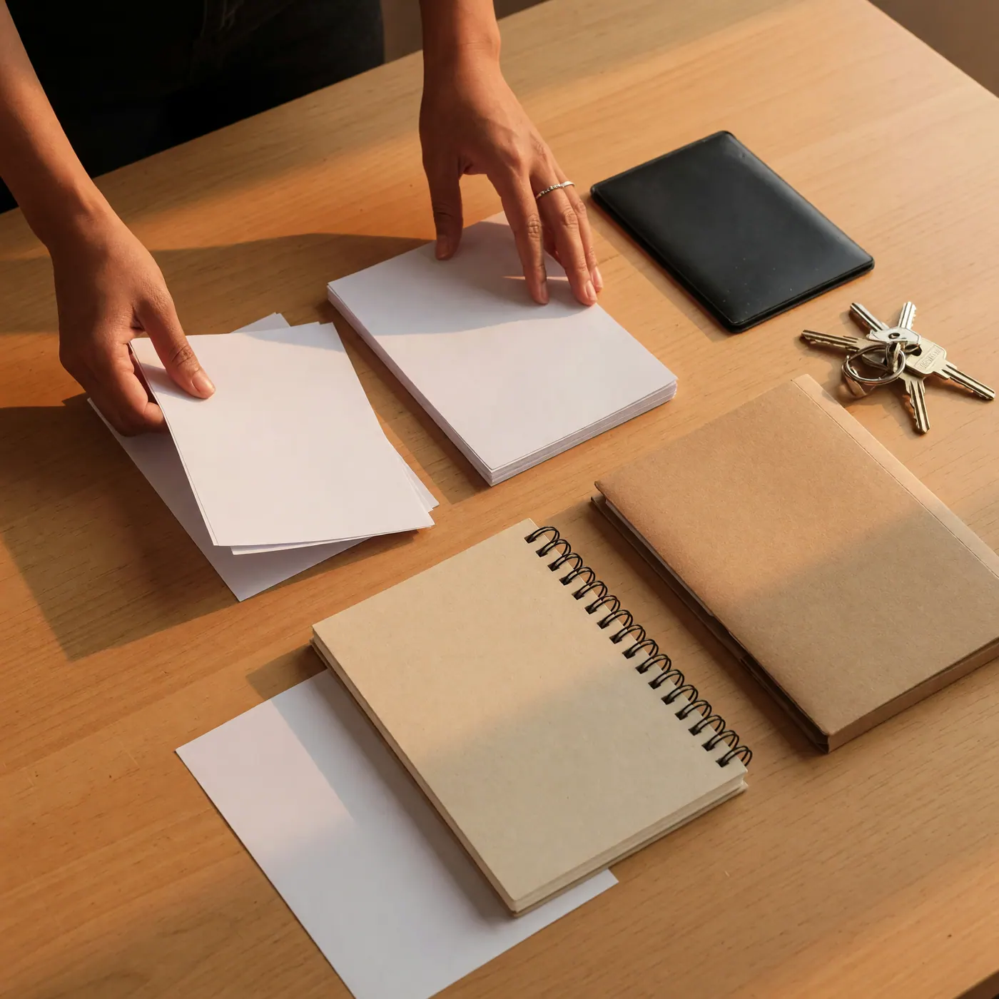 Hands organizing blank papers, folders, a notebook, and keys on a table