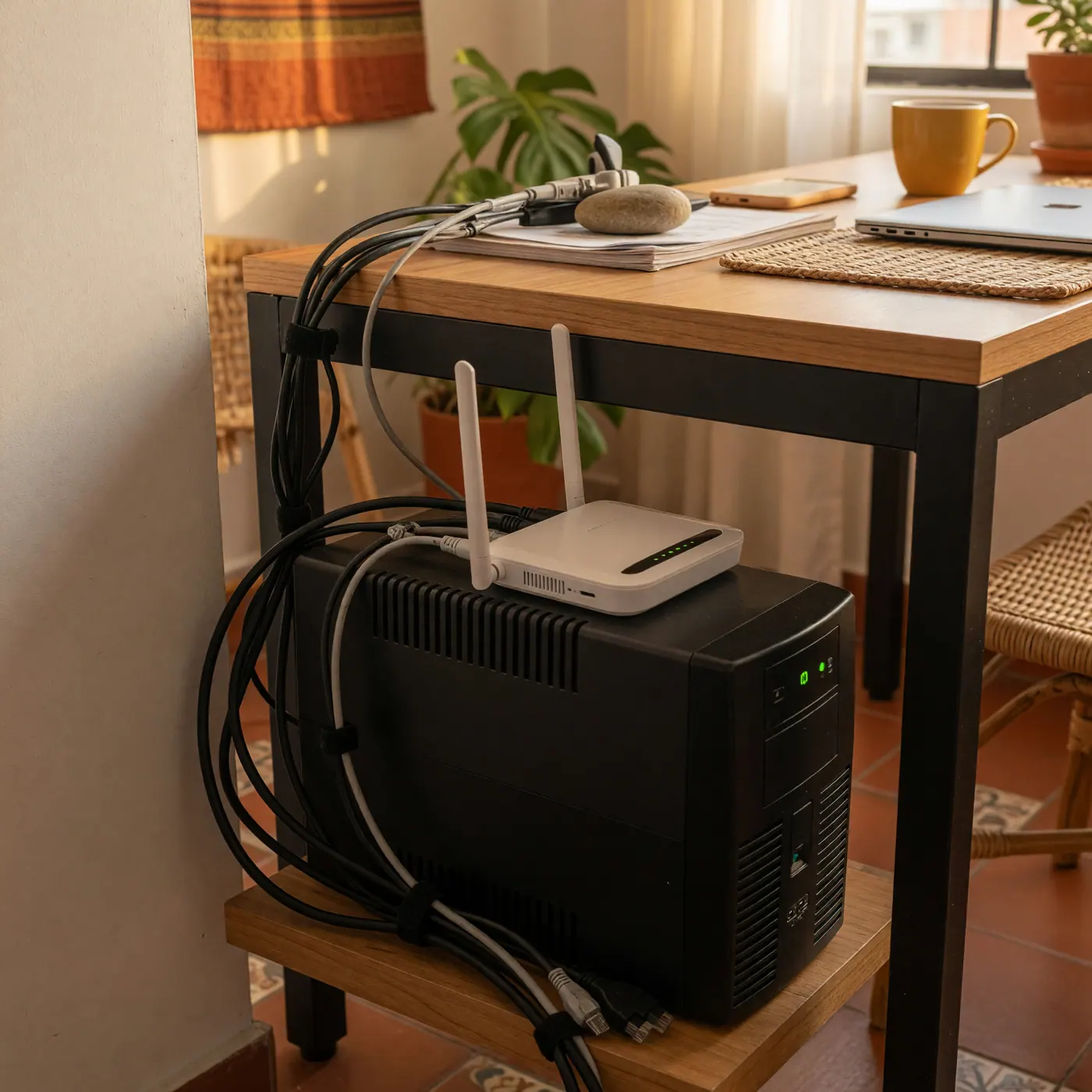 Dispositivo UPS negro con luces indicadoras de estado junto a un escritorio de trabajo en casa.