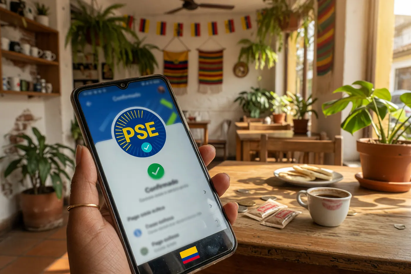 A smartphone screen showing a secure PSE payment confirmation, held over a wooden café table in Colombia