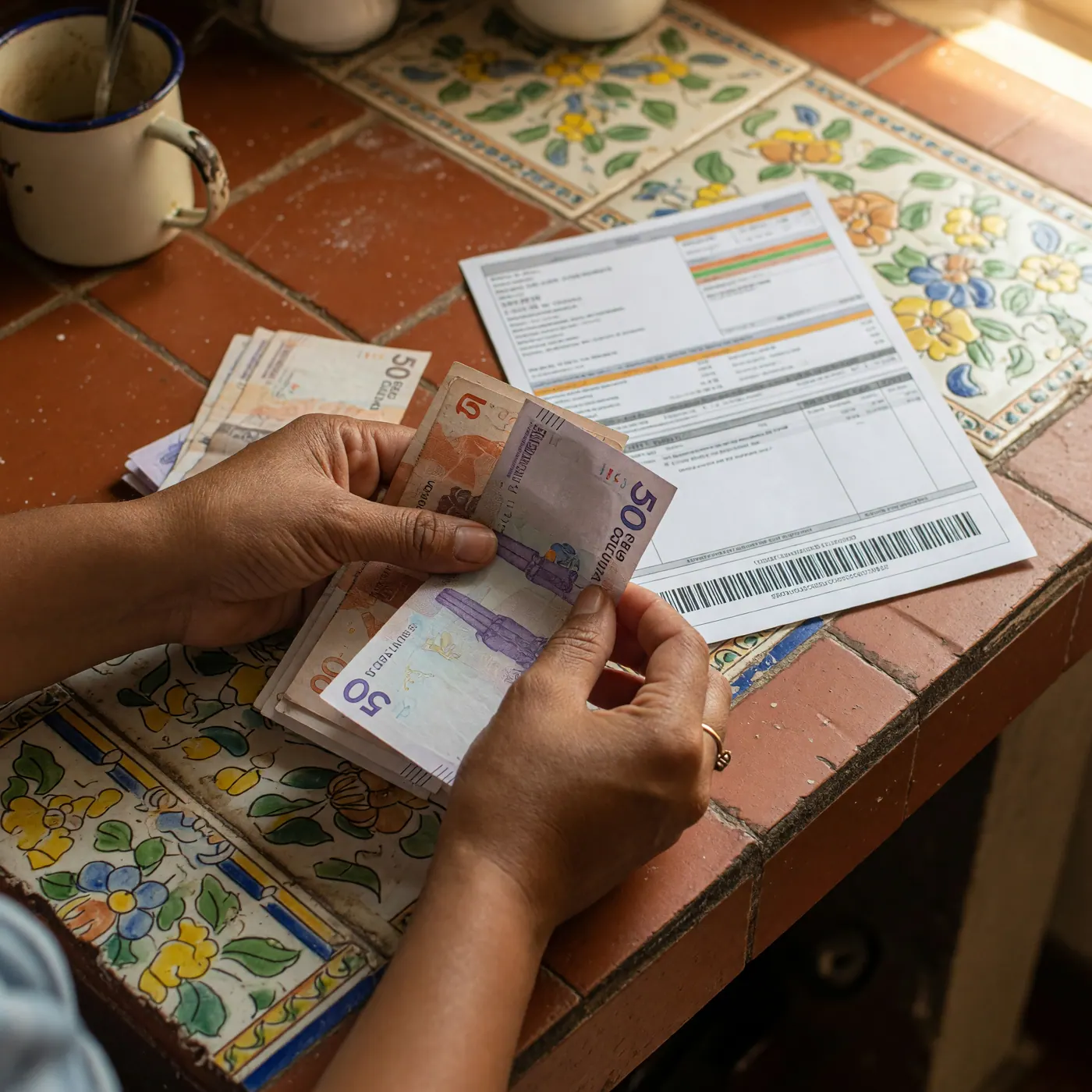Hands counting Colombian peso bills next to a printed utility bill showing a payment barcode and reference number on a kitchen counter with Colombian tiles