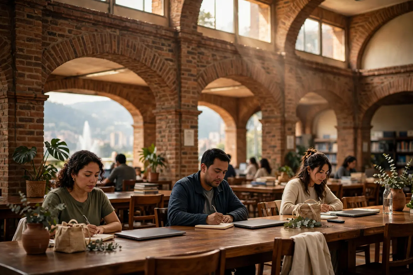 Sunlit public library reading hall with brick arches, wooden tables and people working quietly on laptops