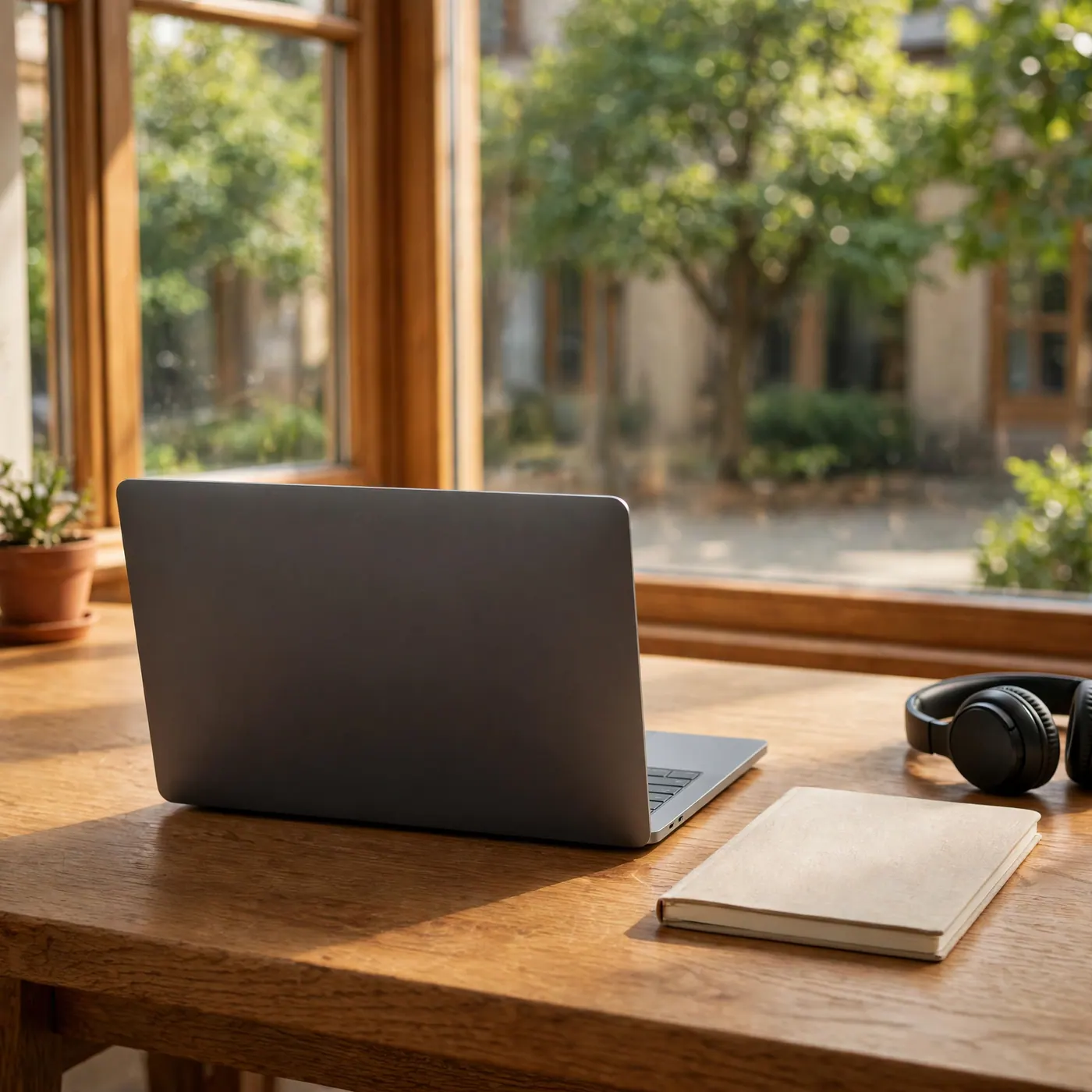 Laptop, notebook and headphones on an oak library desk beside a window with green courtyard trees