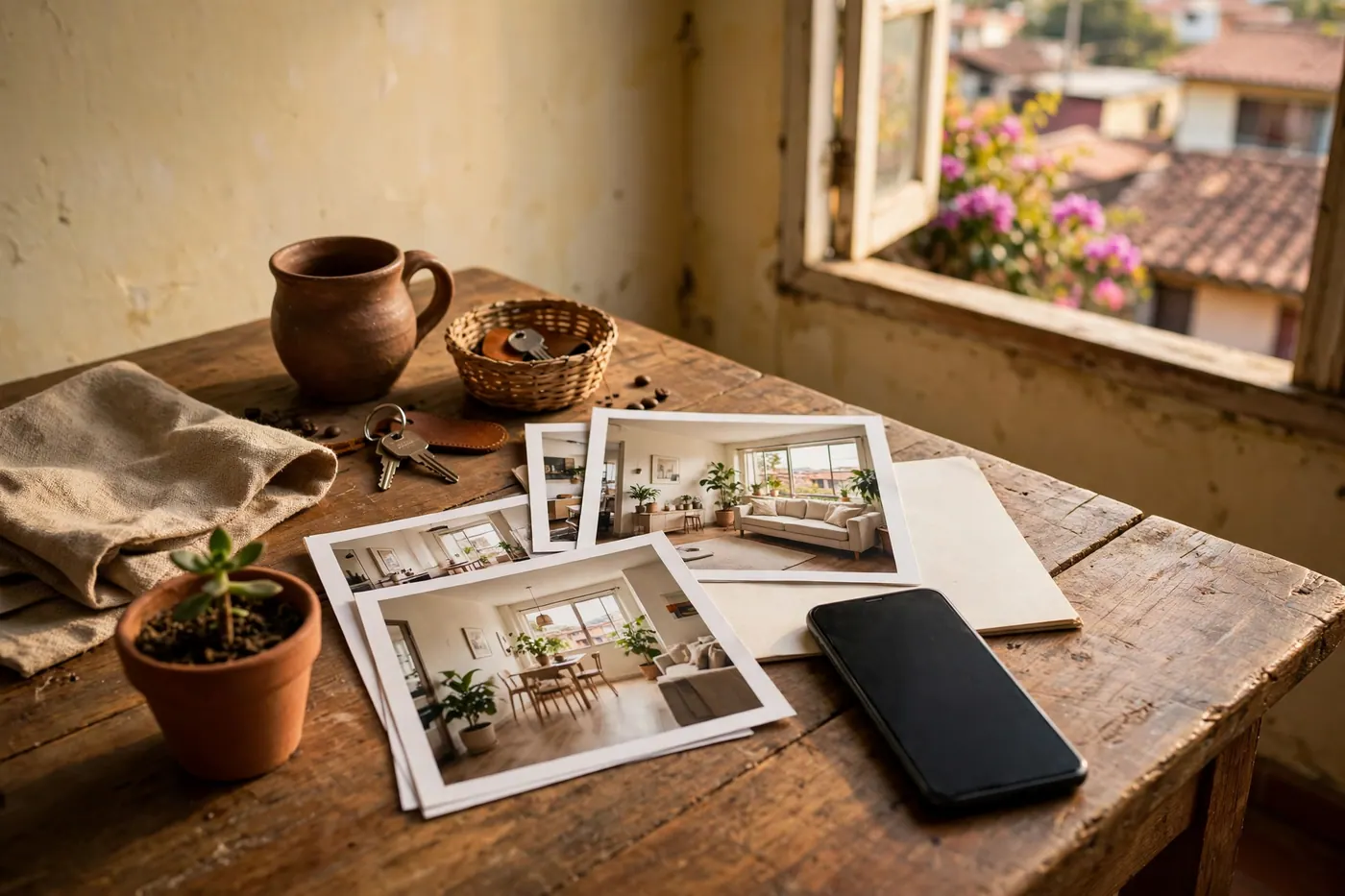 Teléfono y fotos de un apartamento amoblado sobre una mesa, sin personas ni texto.