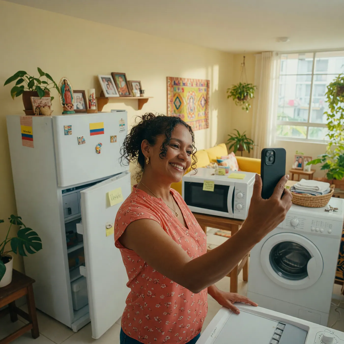 Vendedora colombiana en su apartamento rodeada de varios electrodomésticos que vende, con su celular en la mano