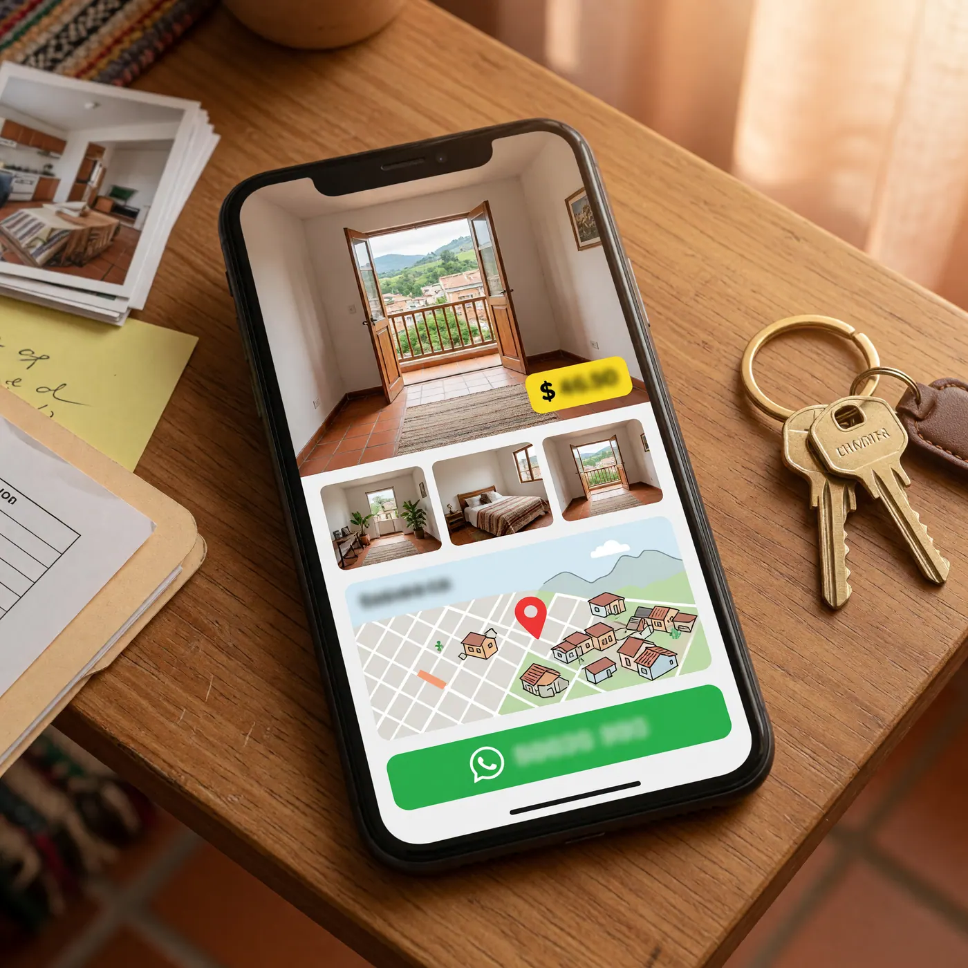 Pantalla de celular mostrando un anuncio de arriendo temporal con fotos claras, precio en pesos y pin de ubicación