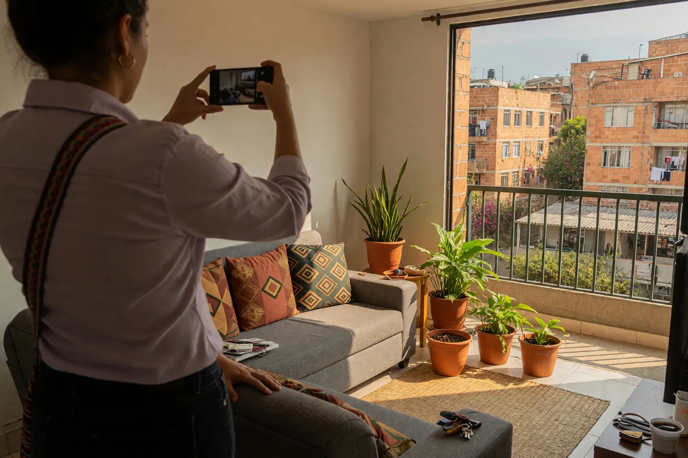 Propietario tomando fotos de un apartamento amoblado para publicar un anuncio de arriendo temporal