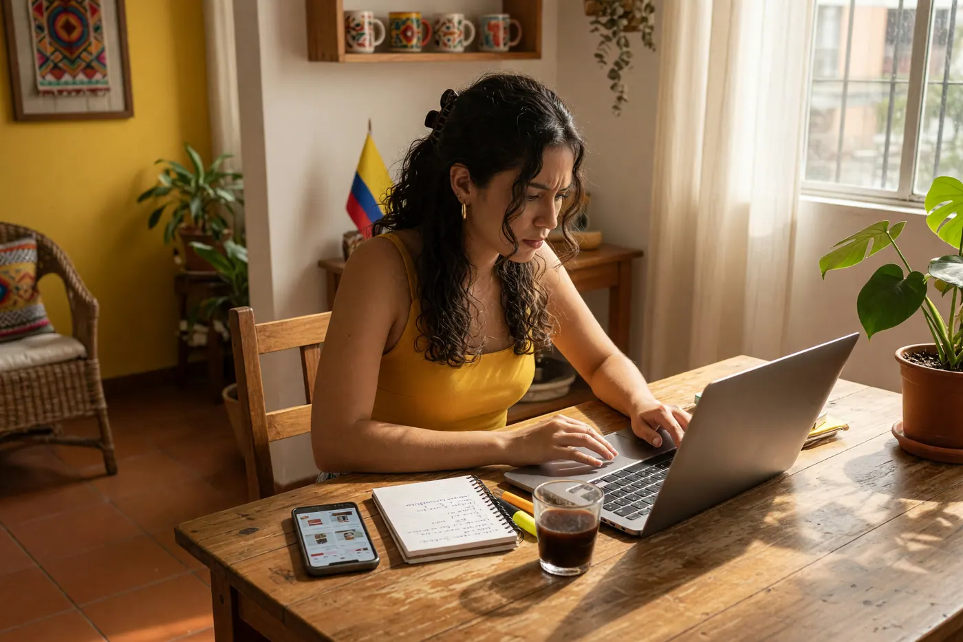 Mujer en Colombia preparando en su computador un anuncio de búsqueda para comprar o arrendar con presupuesto y zona claros