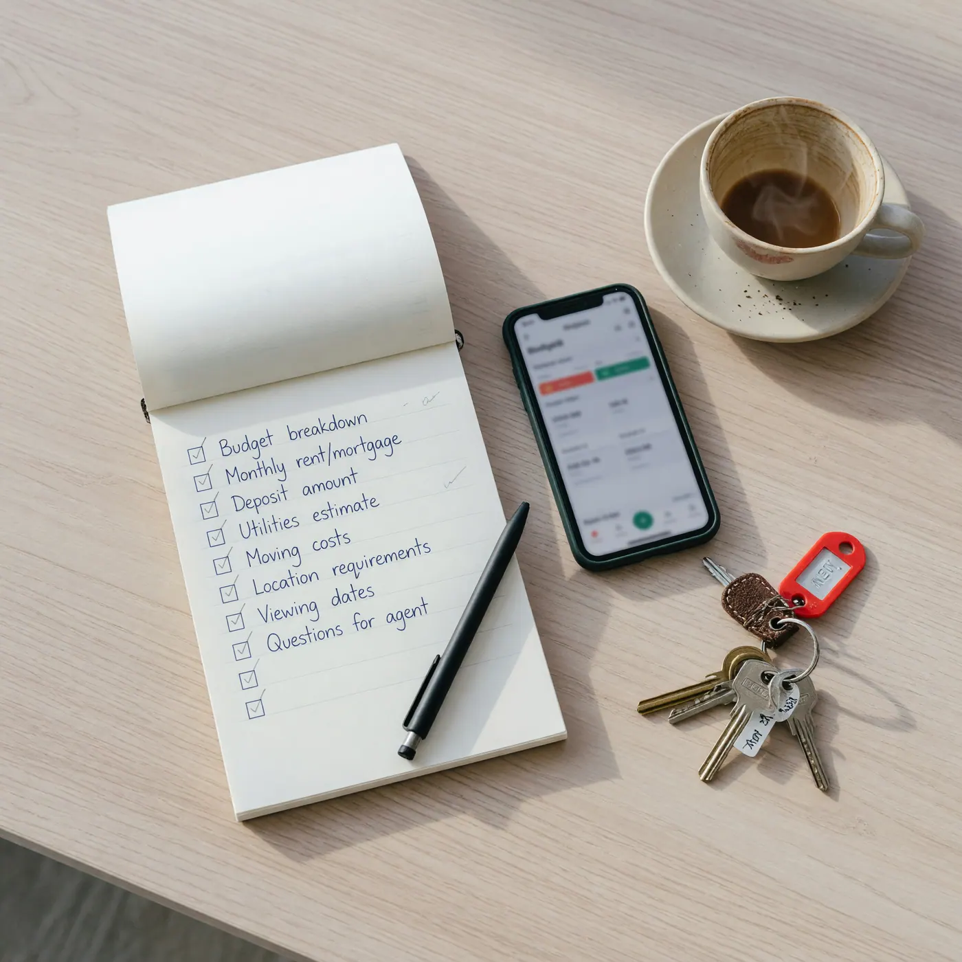Cuaderno con una lista de requisitos junto a un teléfono, llaves y un café, representando la preparación de un anuncio de búsqueda en Colombia