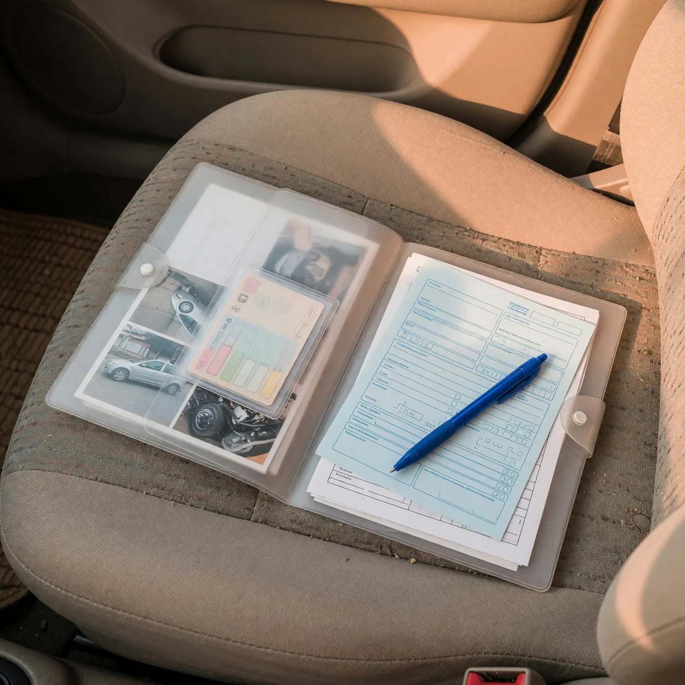Carpeta con documentos de traspaso y un bolígrafo sobre el asiento de un carro limpio.