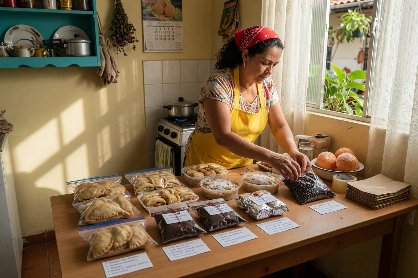 Vendedor casero colombiano organizando platos preparados, postres y bolsas de café local sobre una mesa con empaques sellados y tarjetas de ingredientes