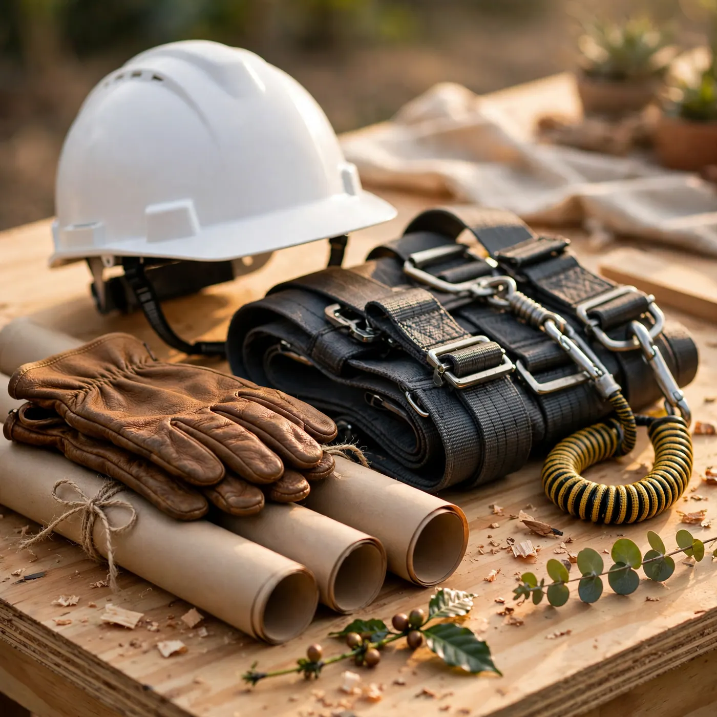 Equipo de protección personal y arnés de seguridad para trabajo en alturas en construcción