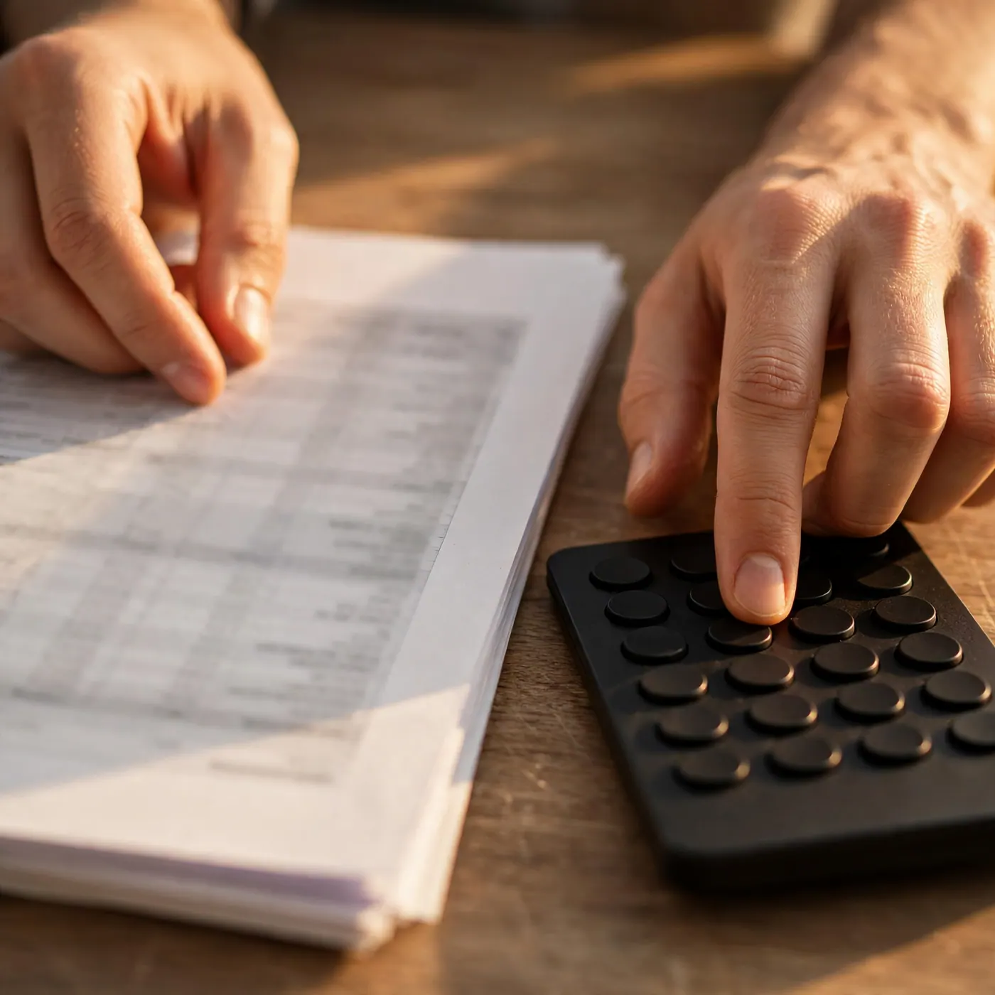 Manos revisando un balance impreso y digitando en un teclado numérico sobre un escritorio de madera
