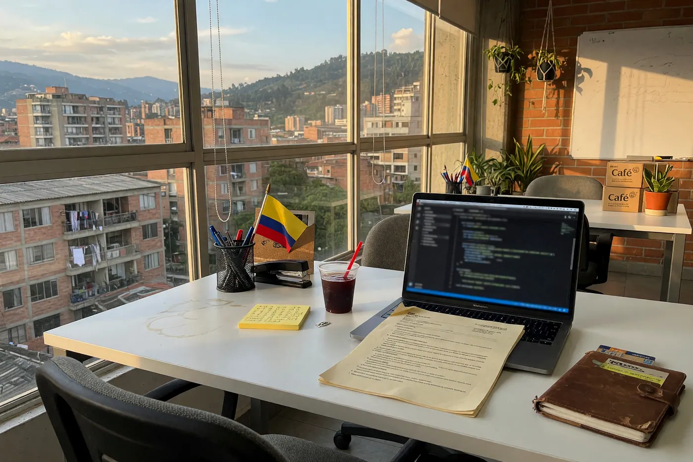 Escritorio de reclutamiento tecnológico con portátil y documentos en una oficina colombiana iluminada