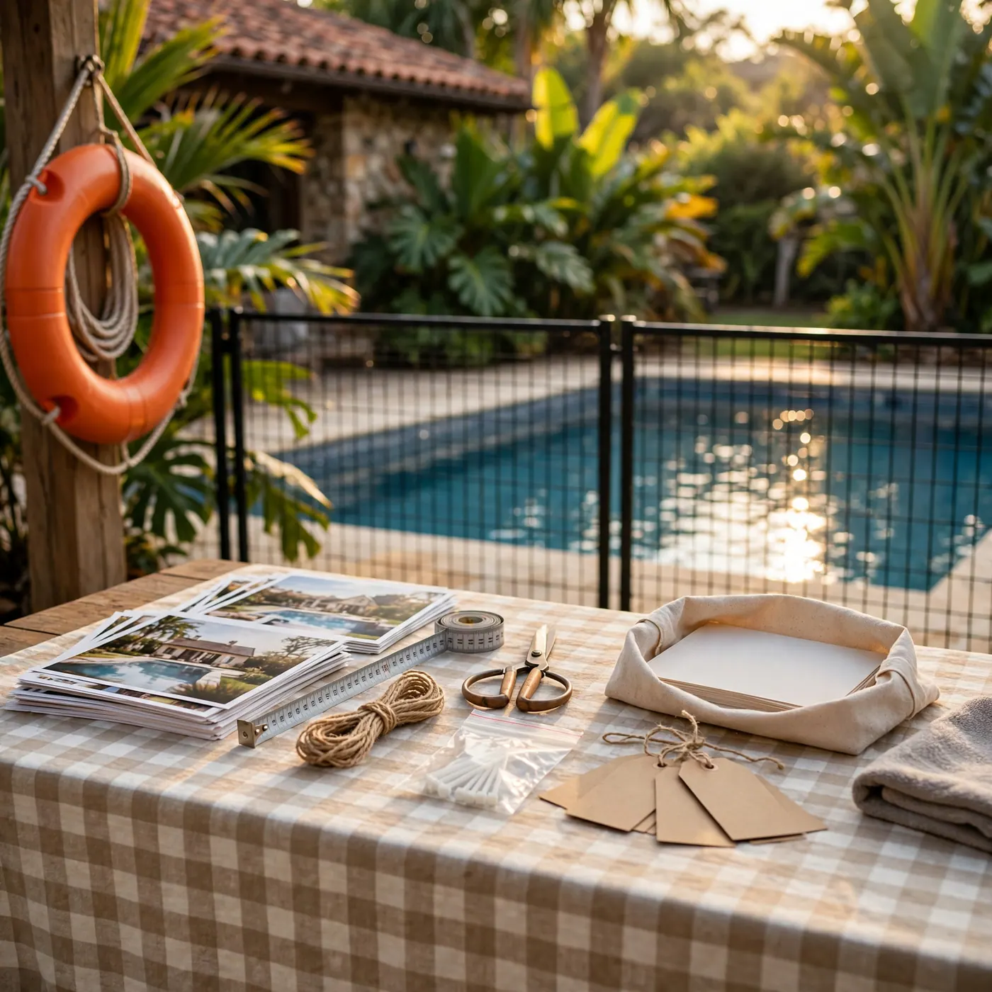 Mesa con mantel junto a una piscina cercada, con un flotador naranja y vegetación tropical