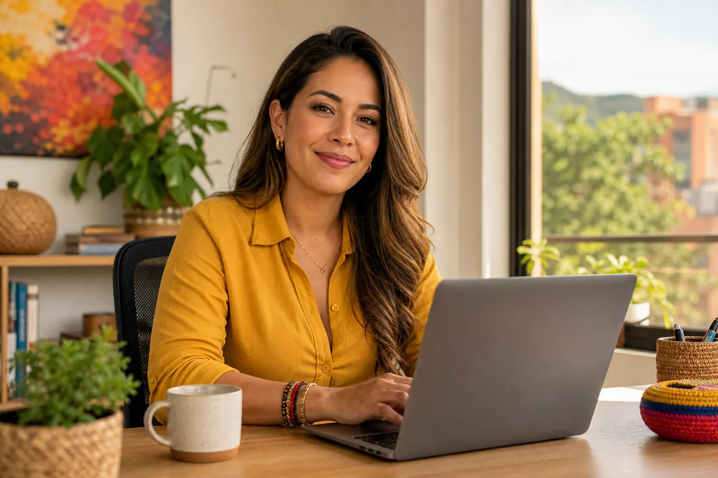 Vendedor colombiano en oficina moderna usando laptop para publicar anuncios gratis en Colombia Move