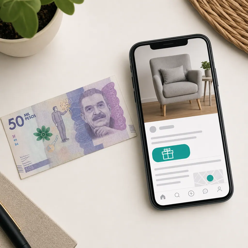 Billete colombiano de 50.000 pesos junto a un smartphone mostrando una aplicación de clasificados gratis
