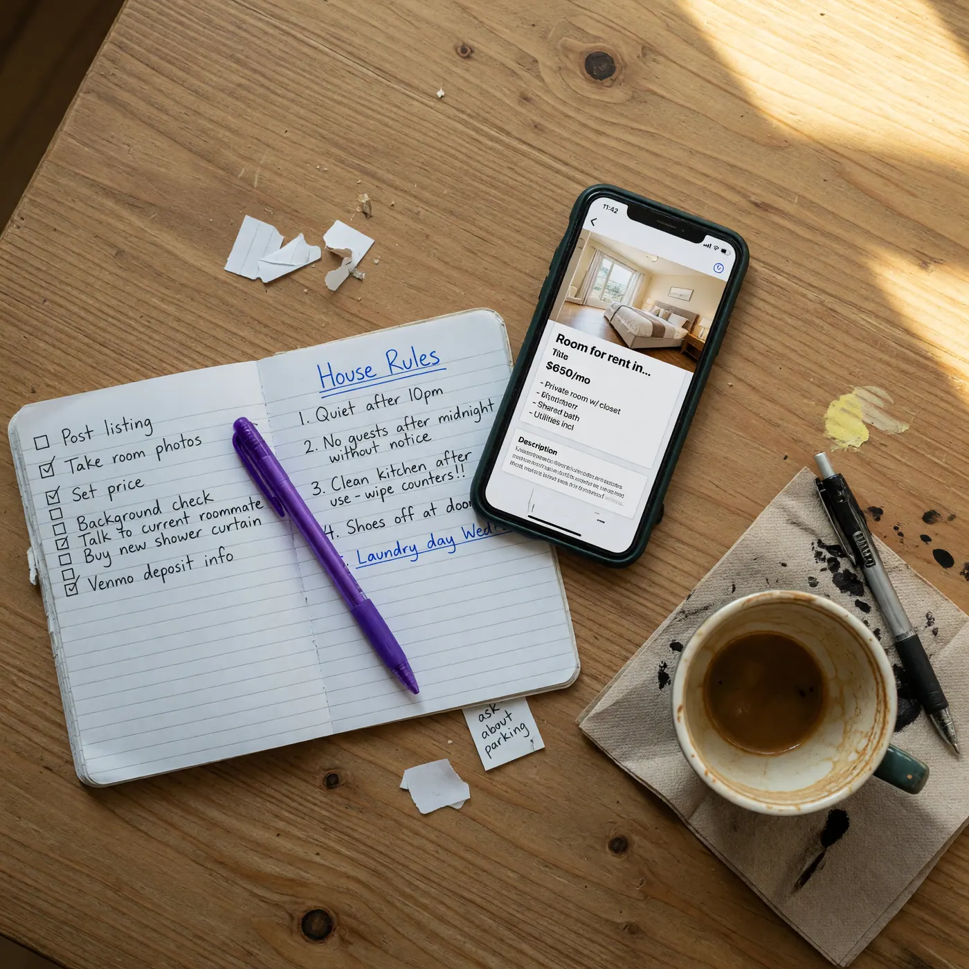Celular con un borrador de anuncio de habitación junto a un cuaderno con reglas de la casa y una lista de chequeo sobre una mesa de madera