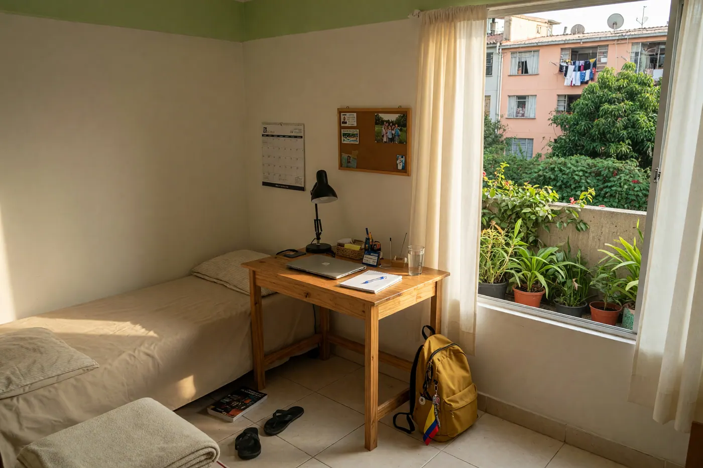 Habitación estudiantil con cama tendida, escritorio de madera, portátil cerrado y ventana con plantas