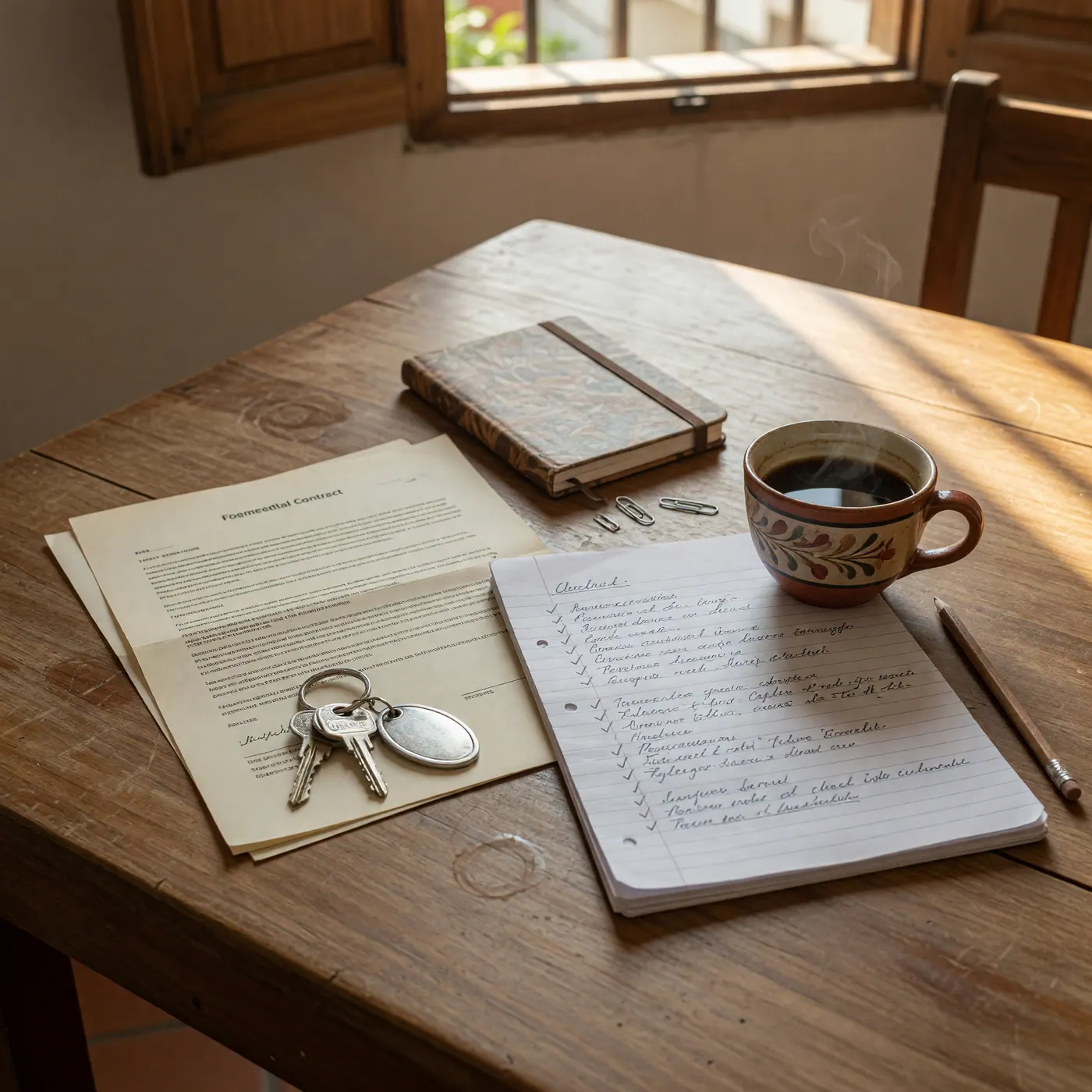 Mesa de madera con contrato impreso, inventario manuscrito, llaves y taza de café