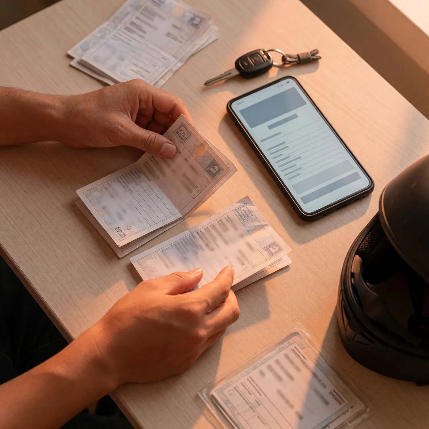 Documentos de una moto junto a un celular, una llave y un casco sobre una mesa.