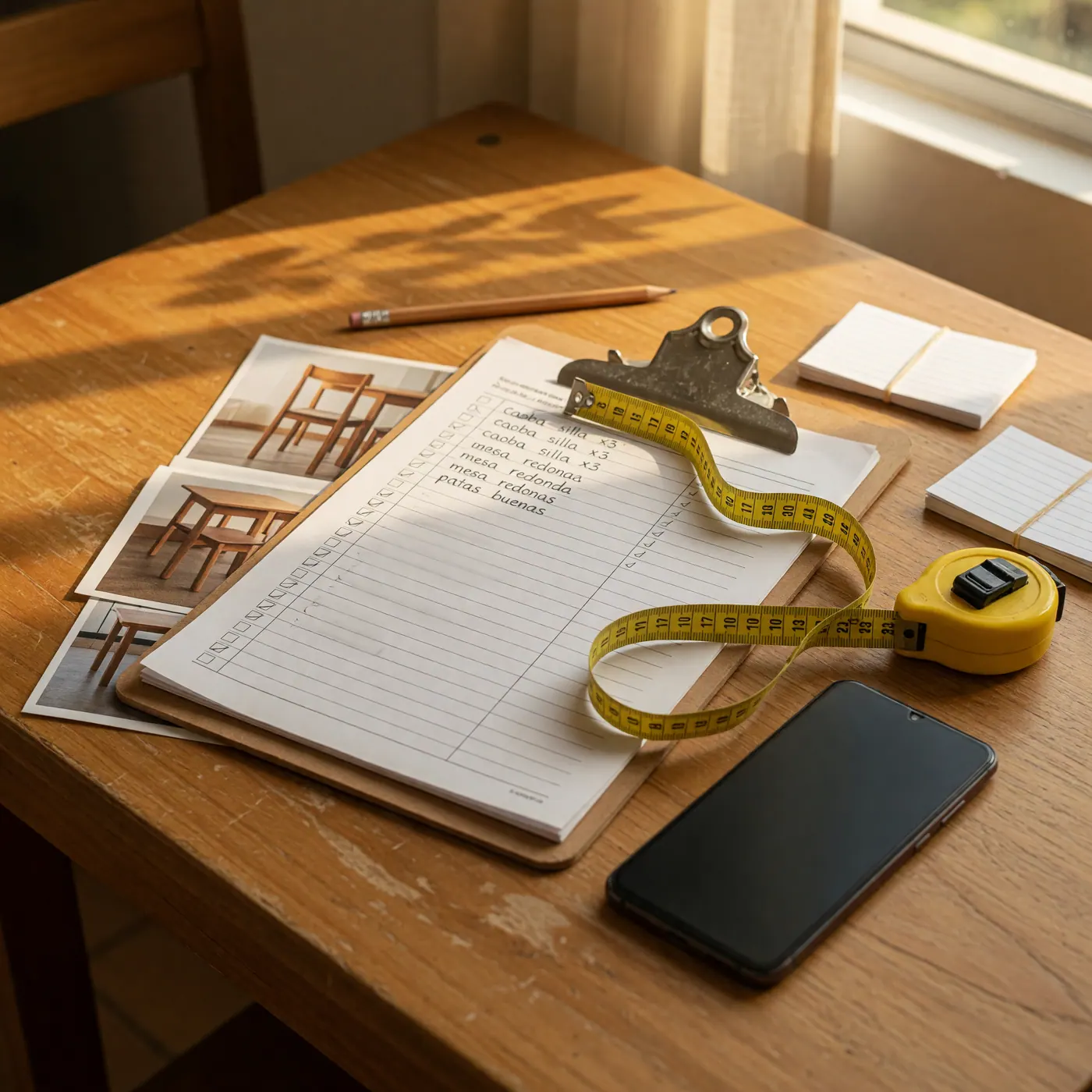 Cinta métrica y portapapeles con lista de inventario junto a un teléfono sobre mesa de madera
