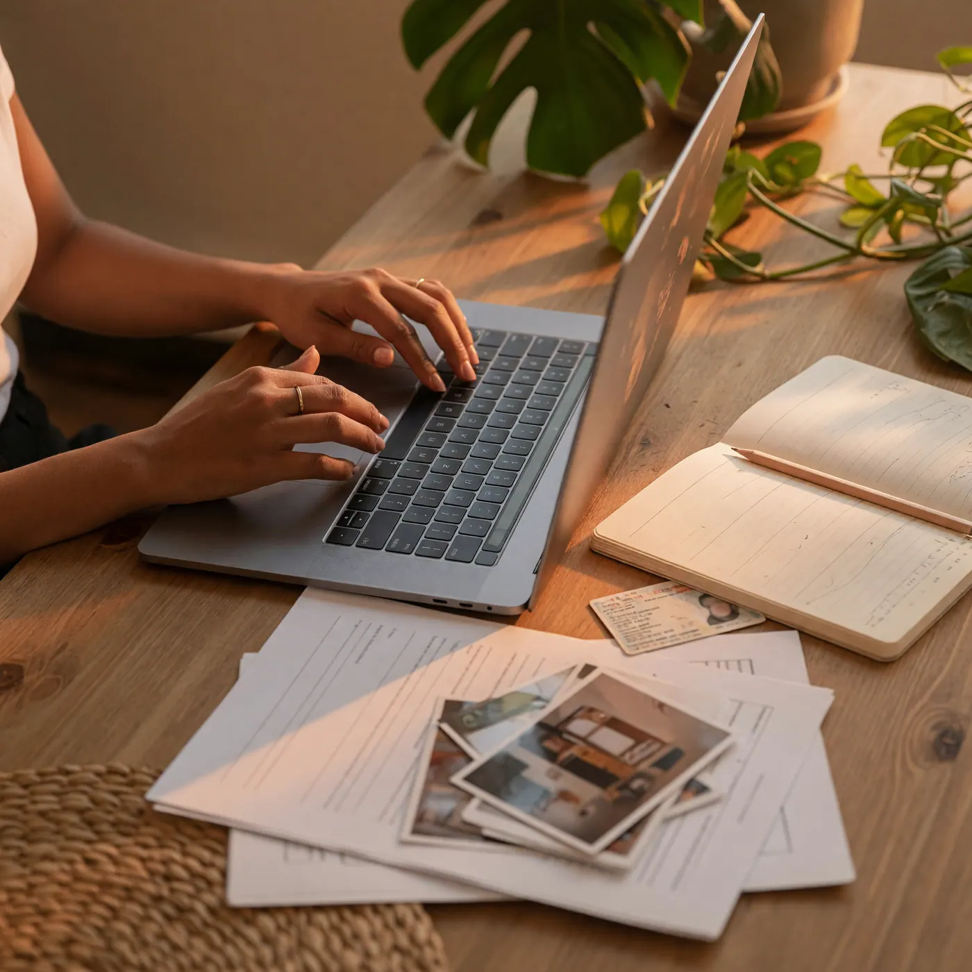 Manos de un profesional redactando un acuerdo laboral en un computador junto a una libreta
