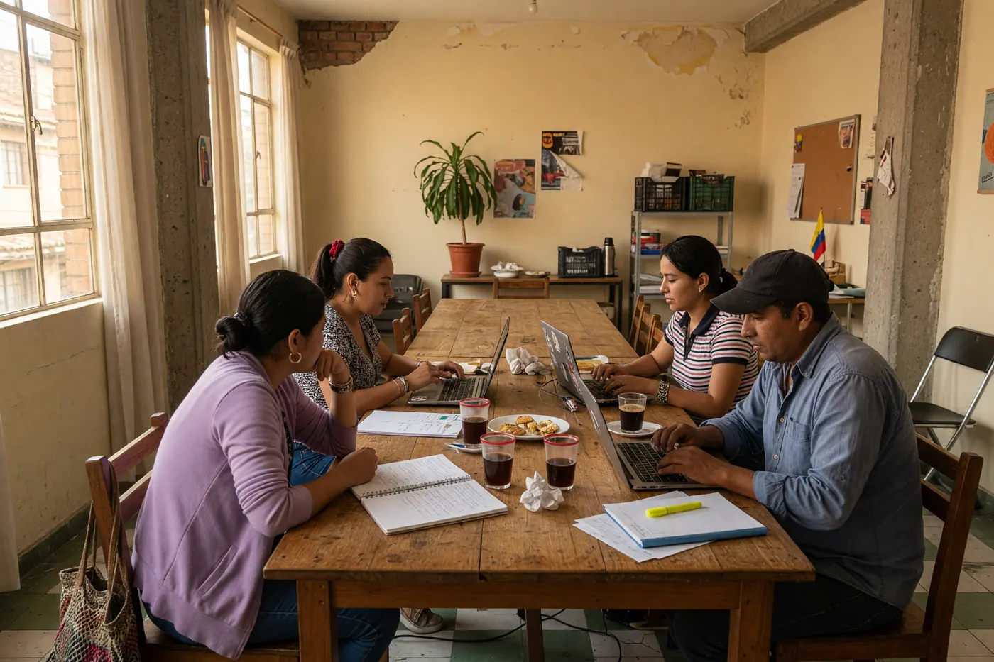 Un grupo de profesionales colombianos colaborando en una oficina luminosa en Bogotá con portátiles y café sobre la mesa