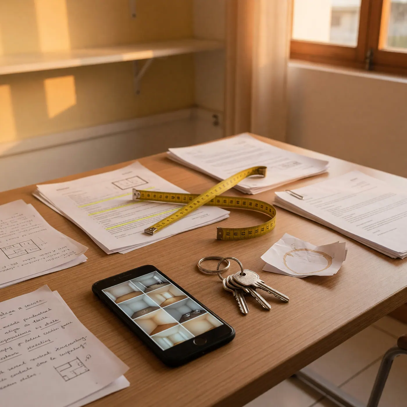 Celular fotografiando un escritorio con llaves, cinta métrica y notas para un anuncio de oficina