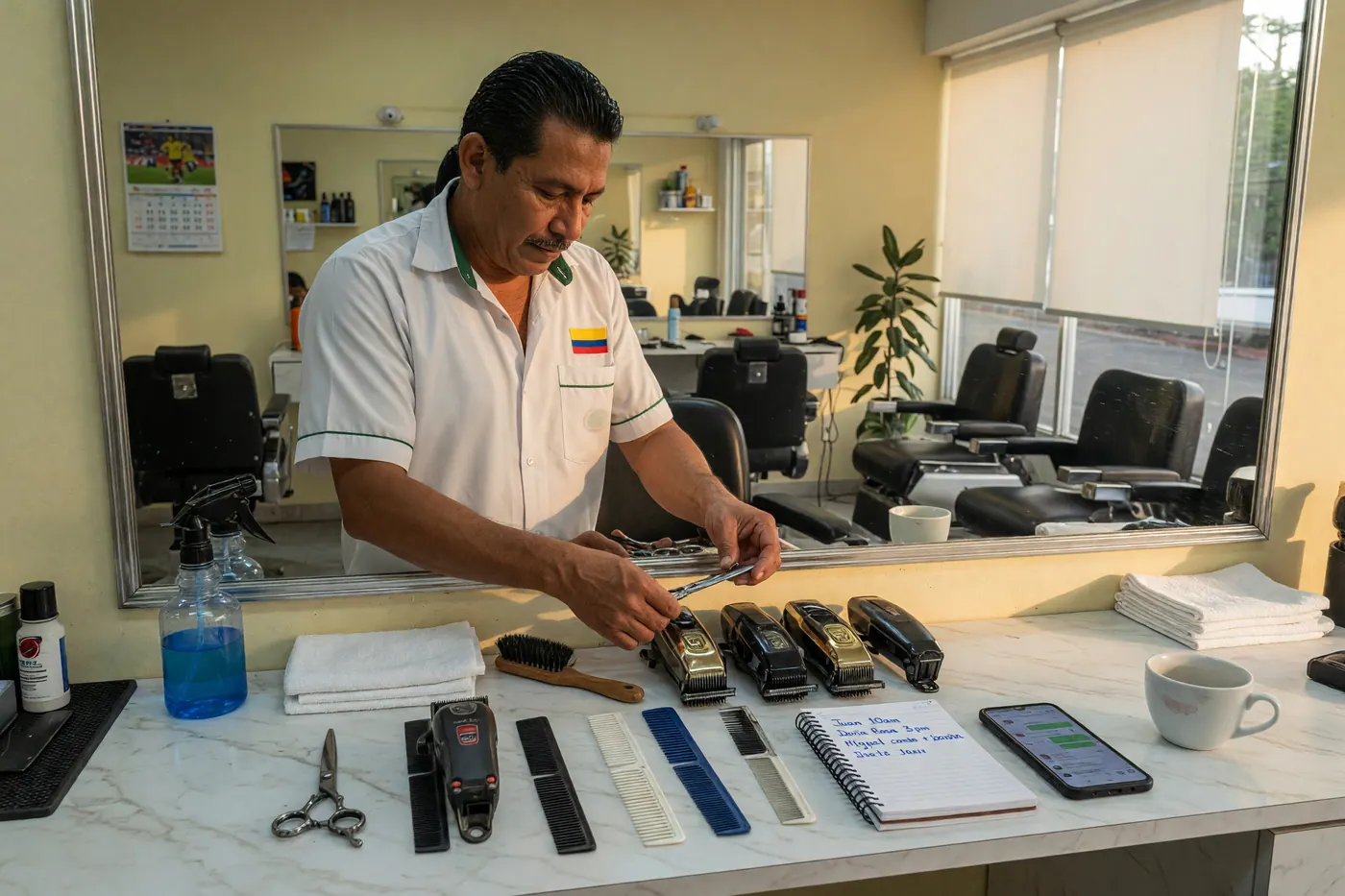 Barbero colombiano organizando sus herramientas en una barbería limpia, con espejo, agenda y celular sobre la estación.